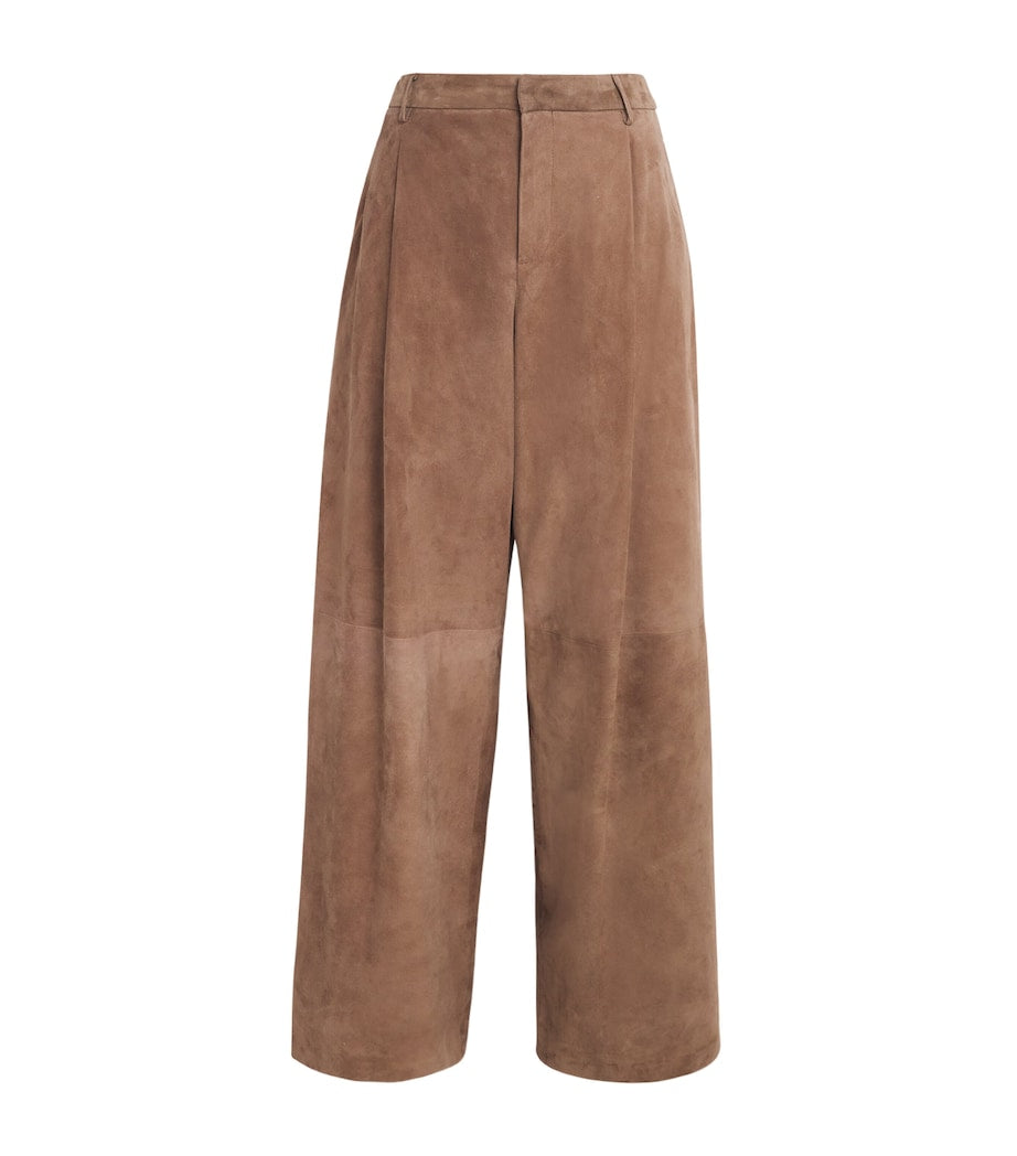 Brown Suede Lambskin Wide-Leg Trousers