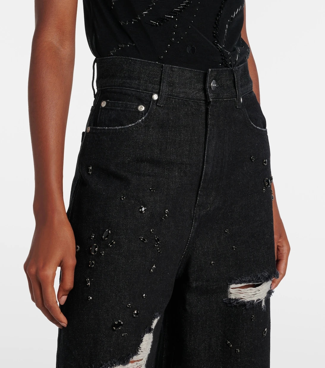 Xu Zhi - Embellished distressed wide-leg jeans