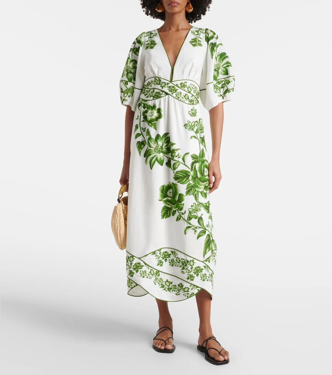 Farm Rio - Blue Yard linen-blend midi dress