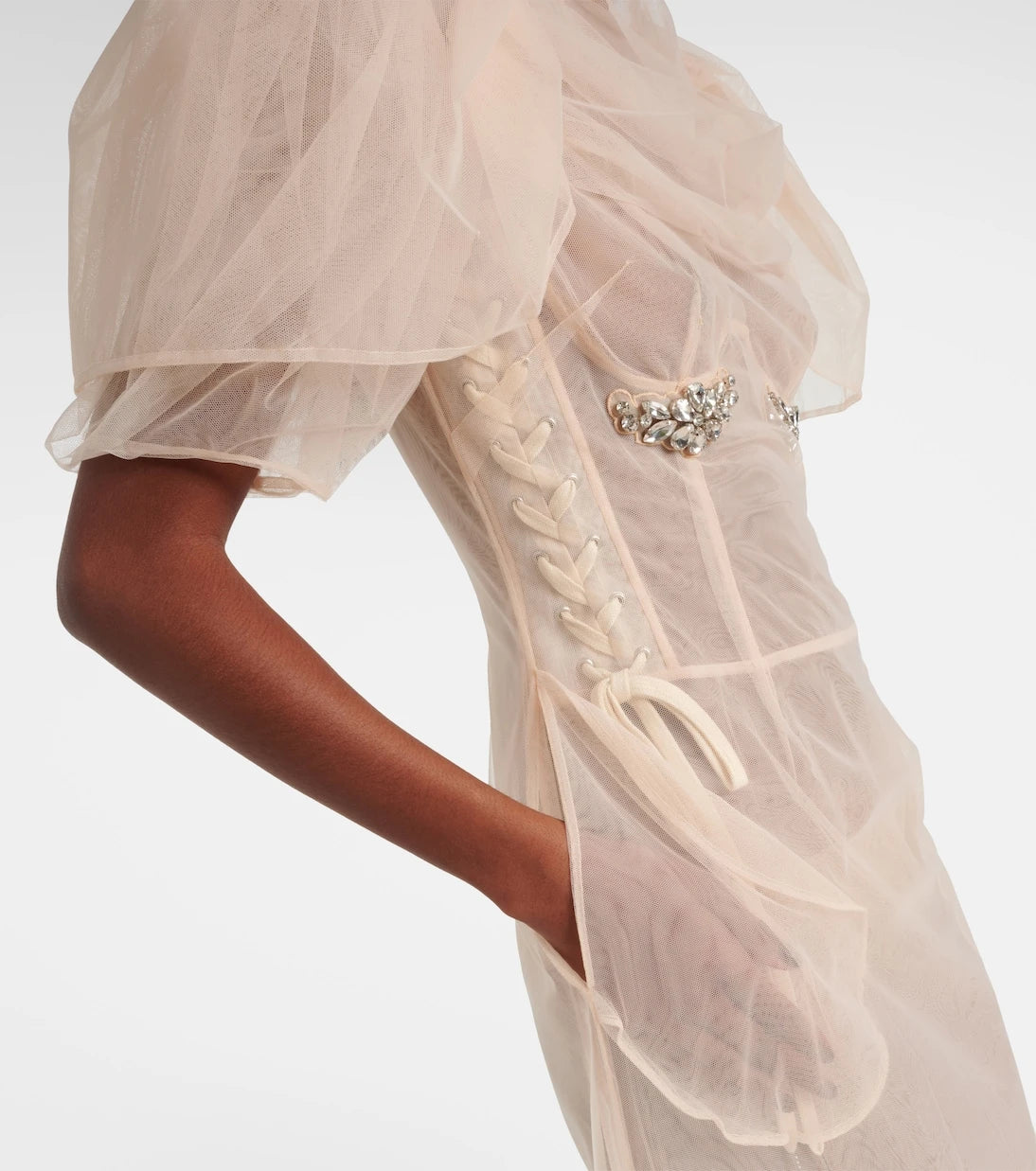 Simone Rocha - فستان ميدي شبكي مكشكش ومزين بالخرز