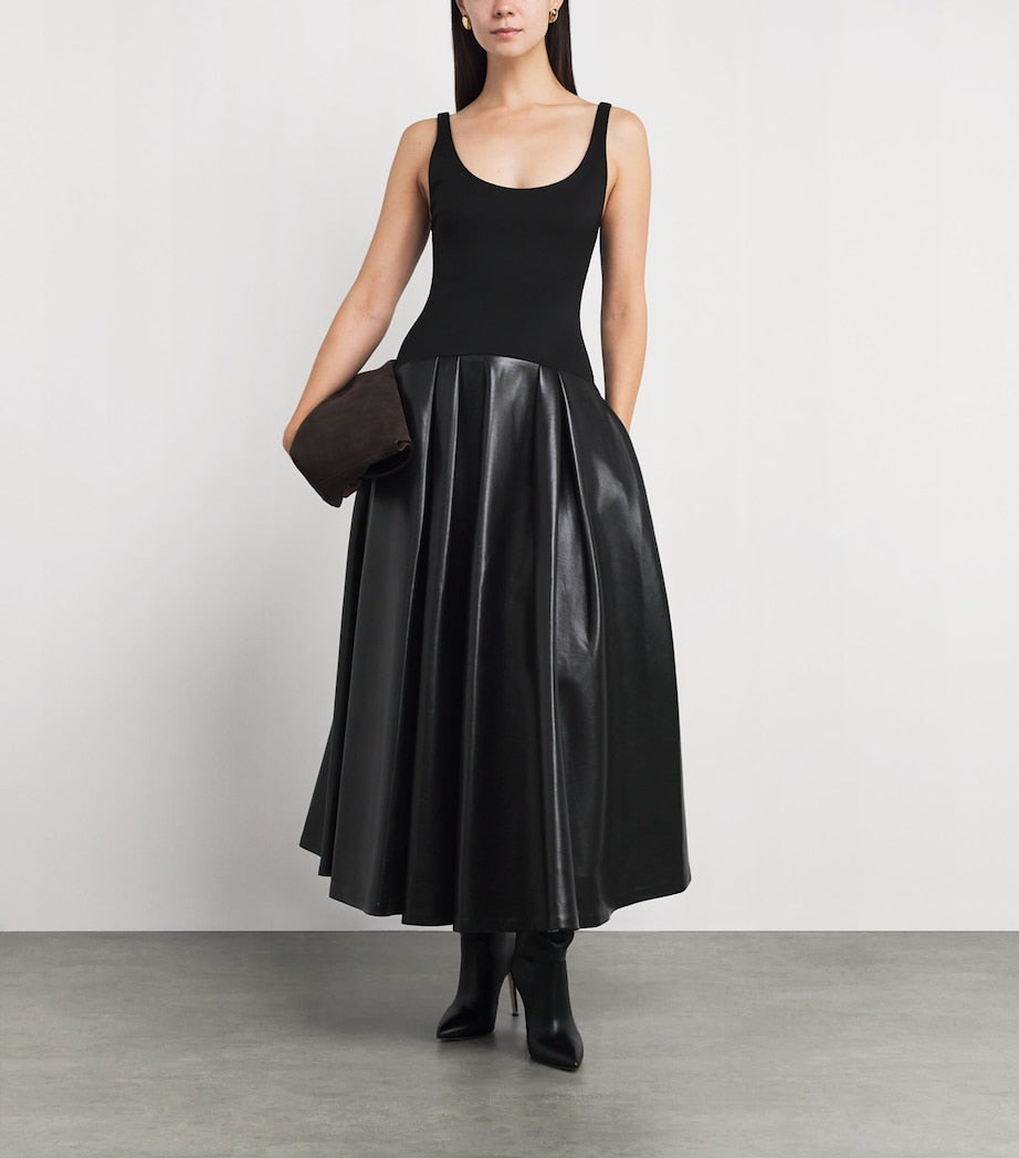 Alice+Olivia Black Scuba-Faux Leather Adley Dress