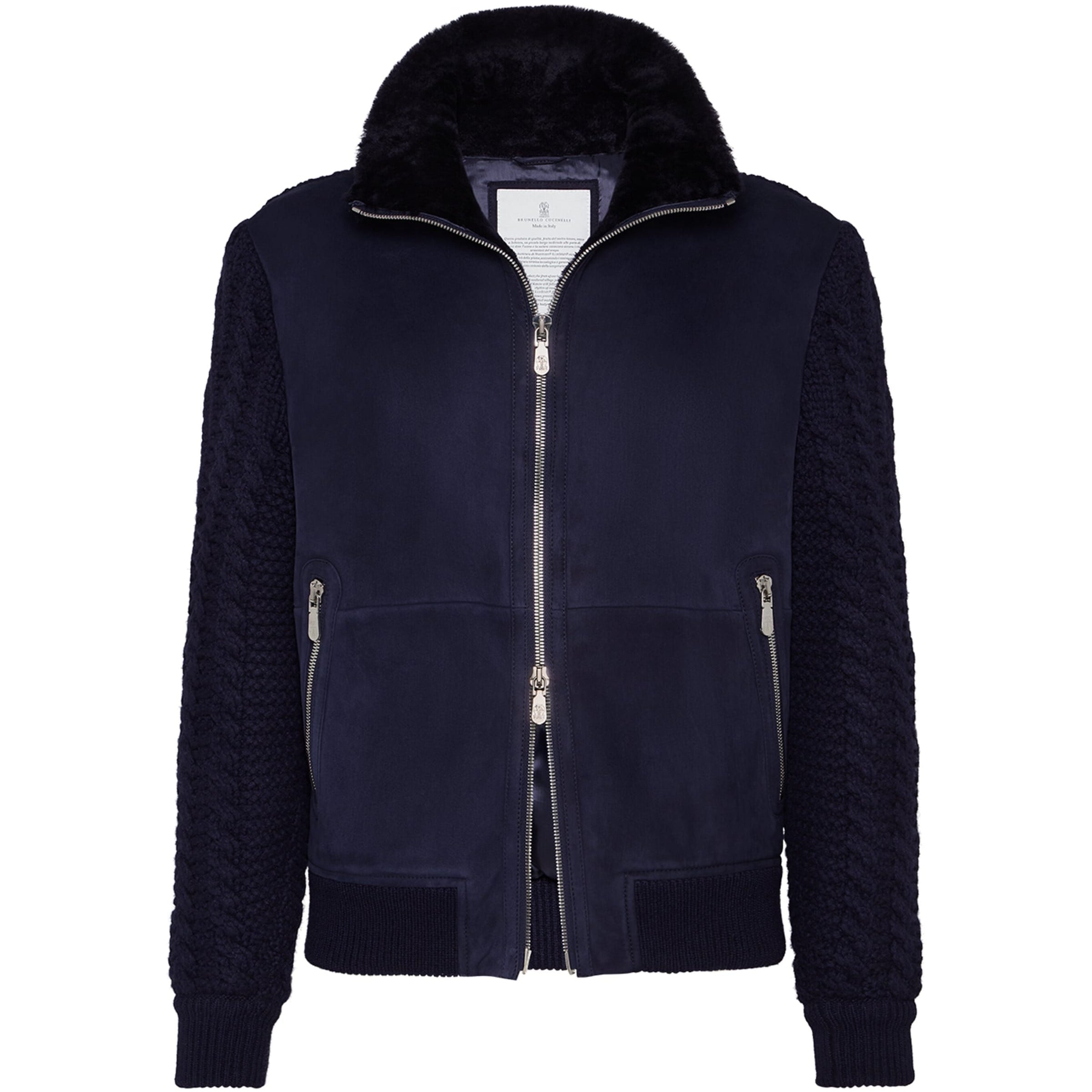 Brunello Cucinelli Blue Suede Knit Insert Bomber Jacket