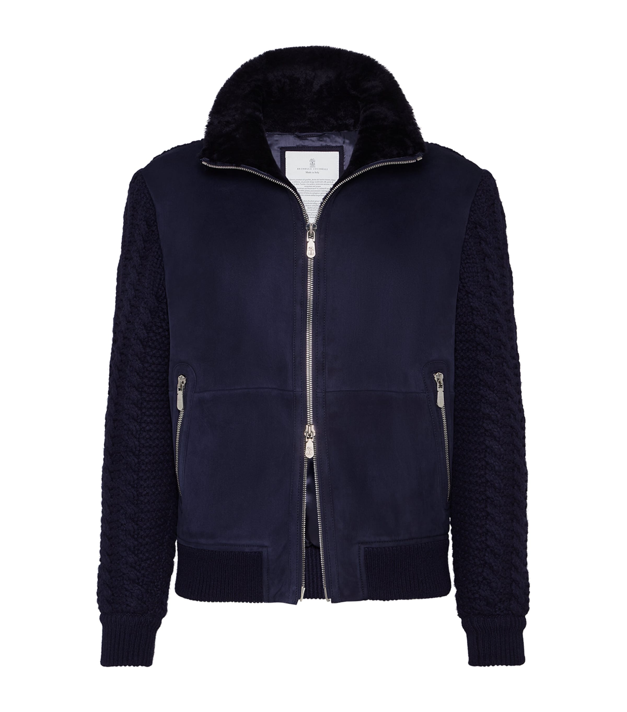 Brunello Cucinelli Blue Suede Knit Insert Bomber Jacket