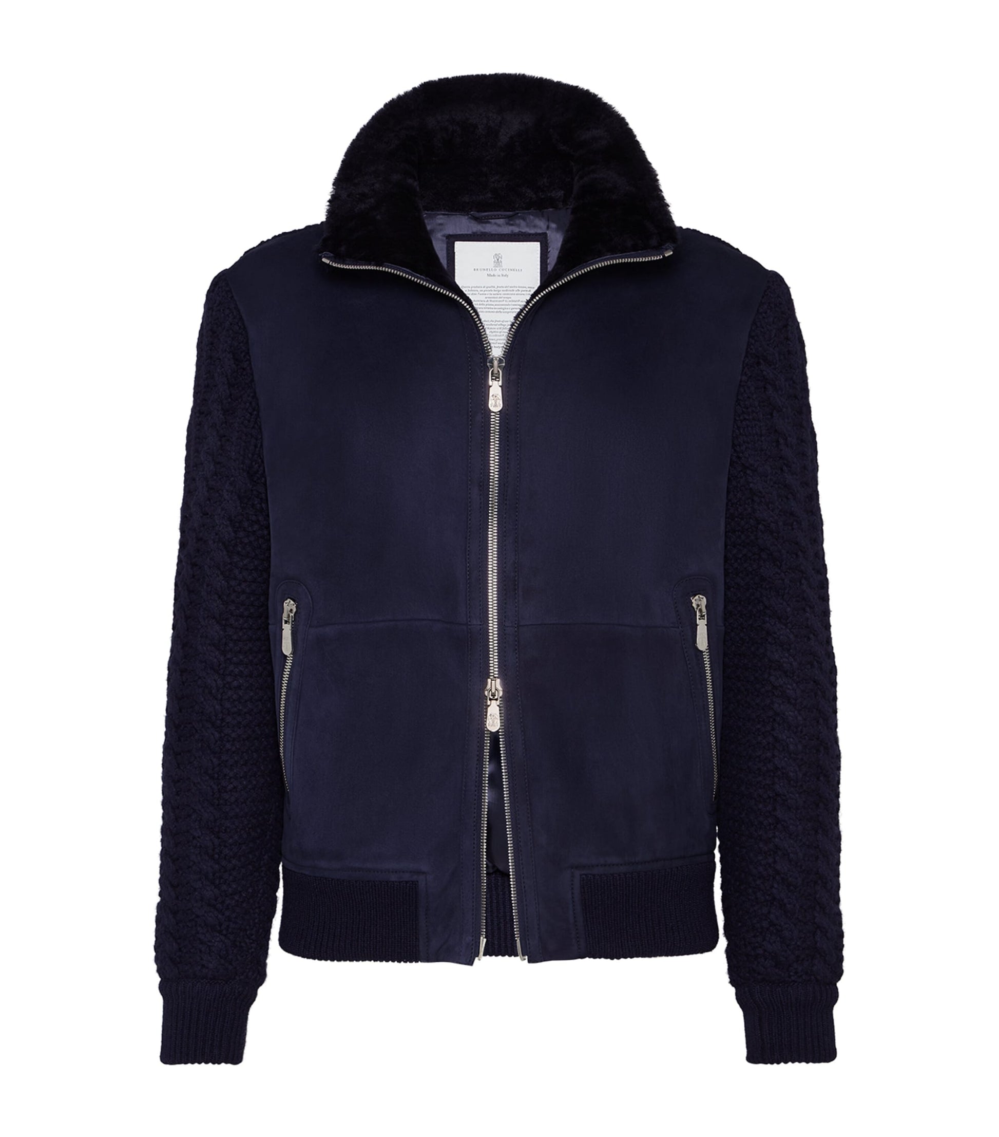 Brunello Cucinelli Blue Suede Knit Insert Bomber Jacket