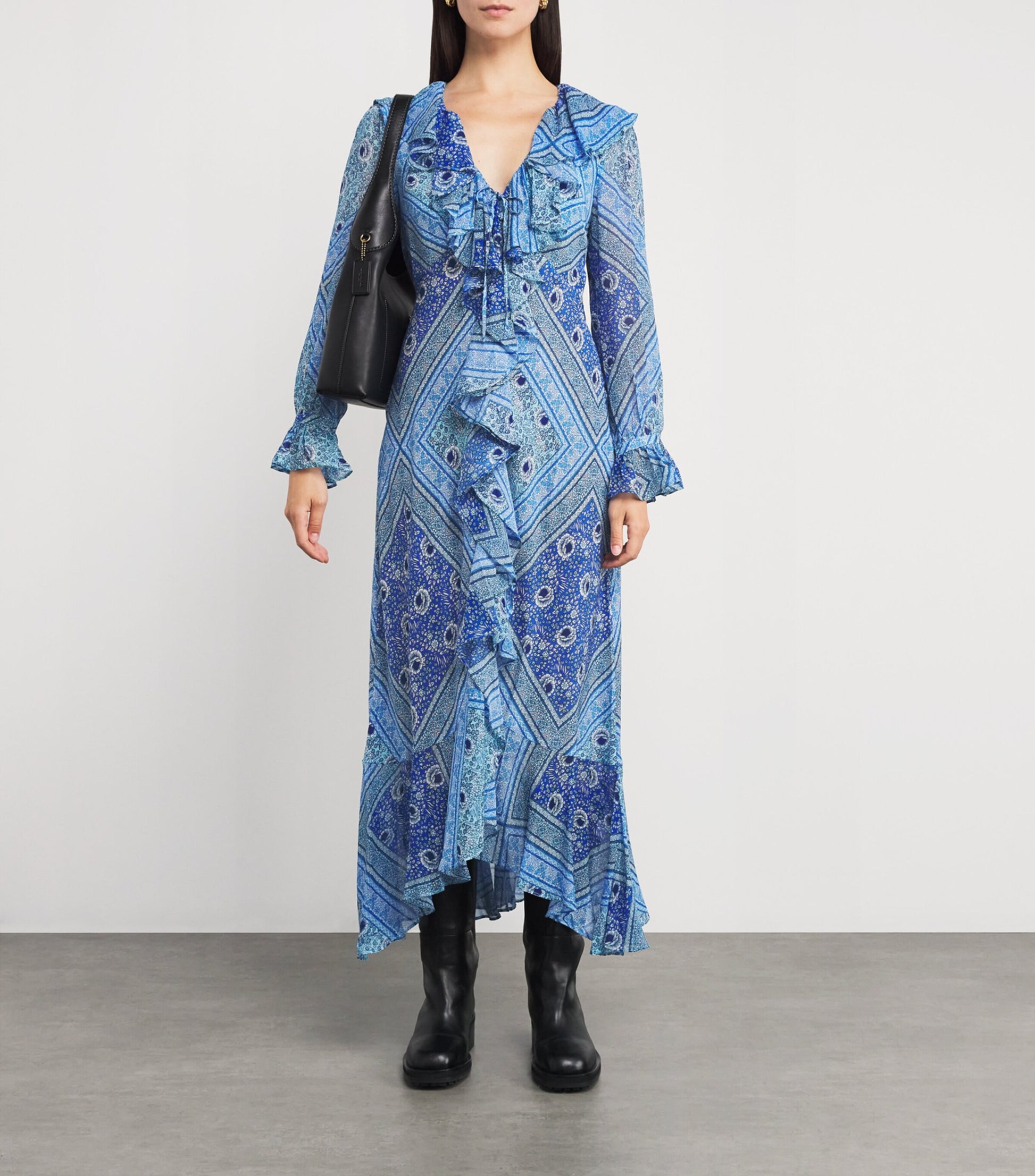 Rixo Blue Silk Printed Gracye Midi Dress