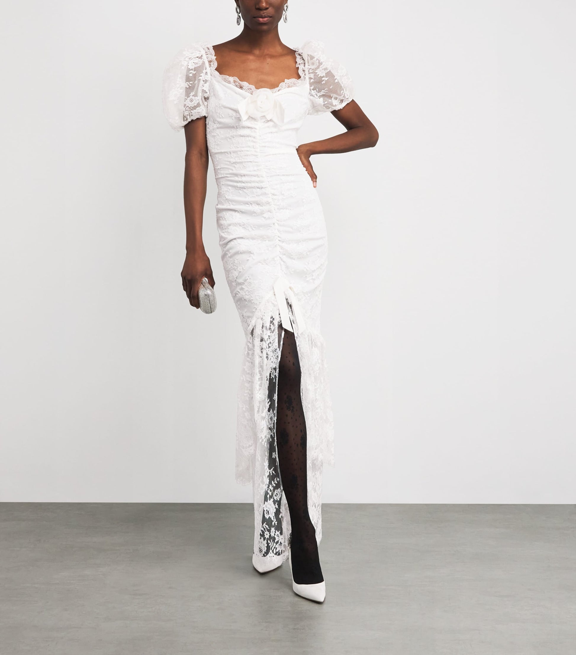 White Lace Rose-Detail Maxi Dress