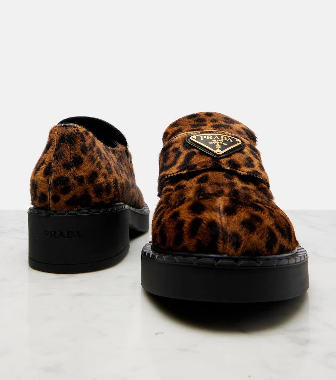 Prada - Chocolate leopard-print calf hair loafers