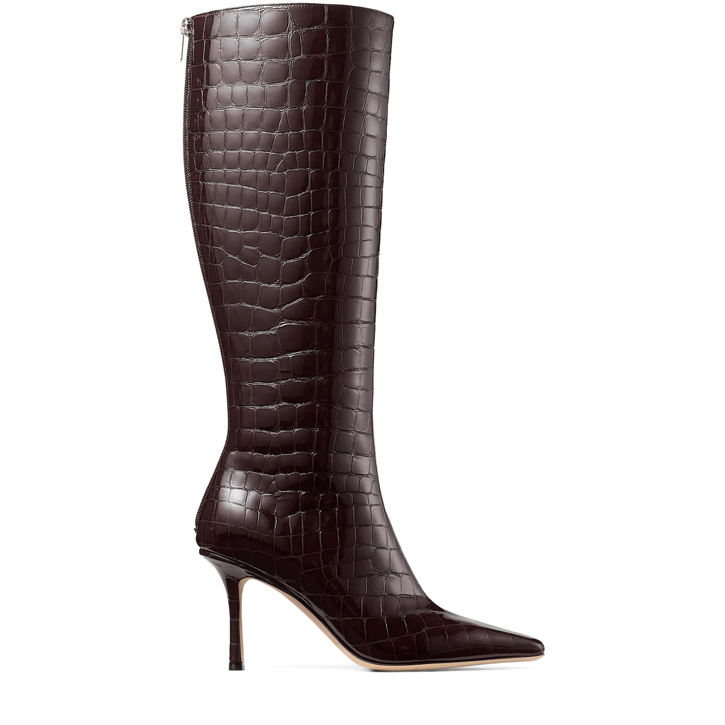 Jimmy Choo Brown Leather Croc-Embossed Agathe Knee-High Boots 85