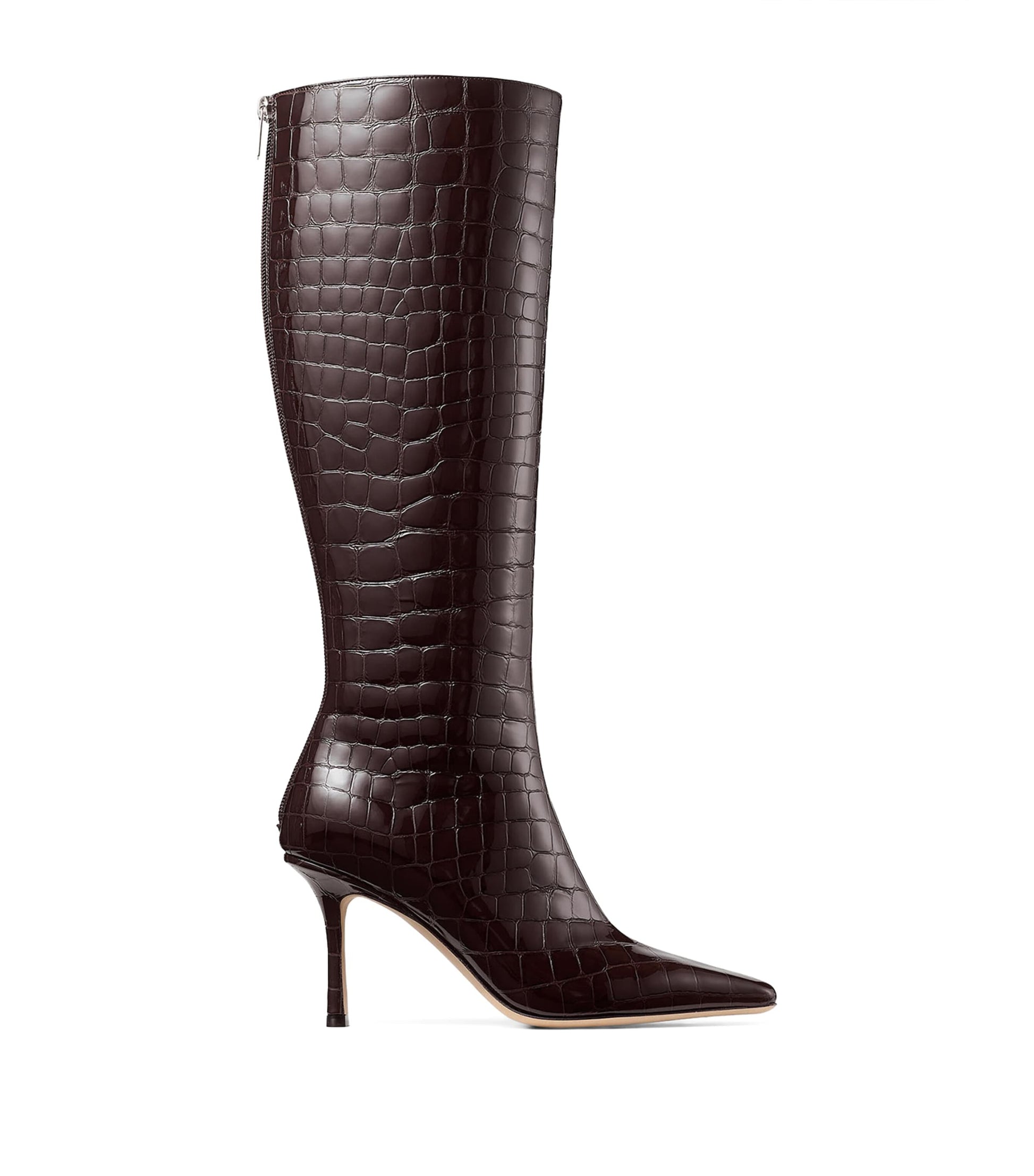 Jimmy Choo Brown Leather Croc-Embossed Agathe Knee-High Boots 85