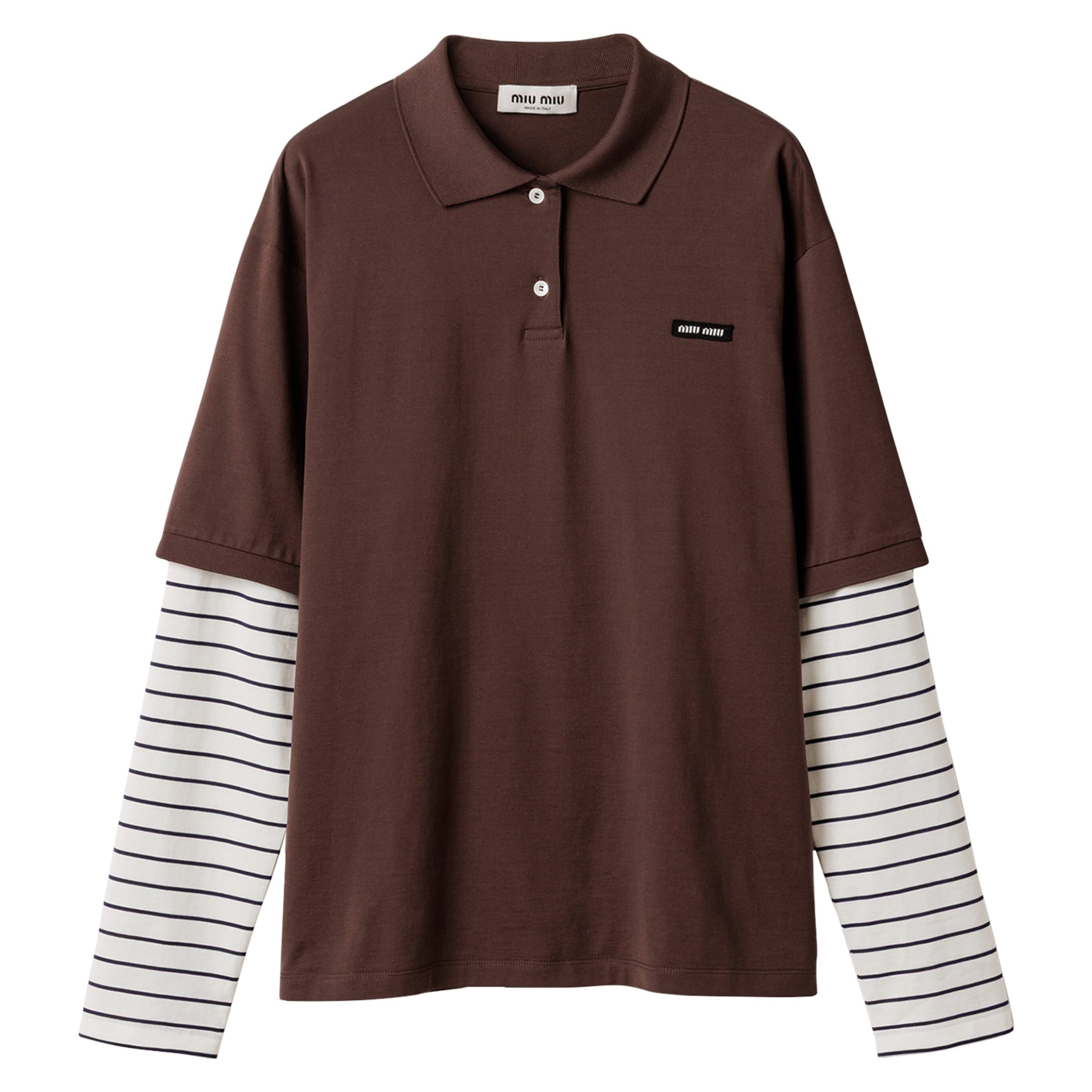 Miu Miu Brown Cotton Stripe-Sleeve Polo Shirt