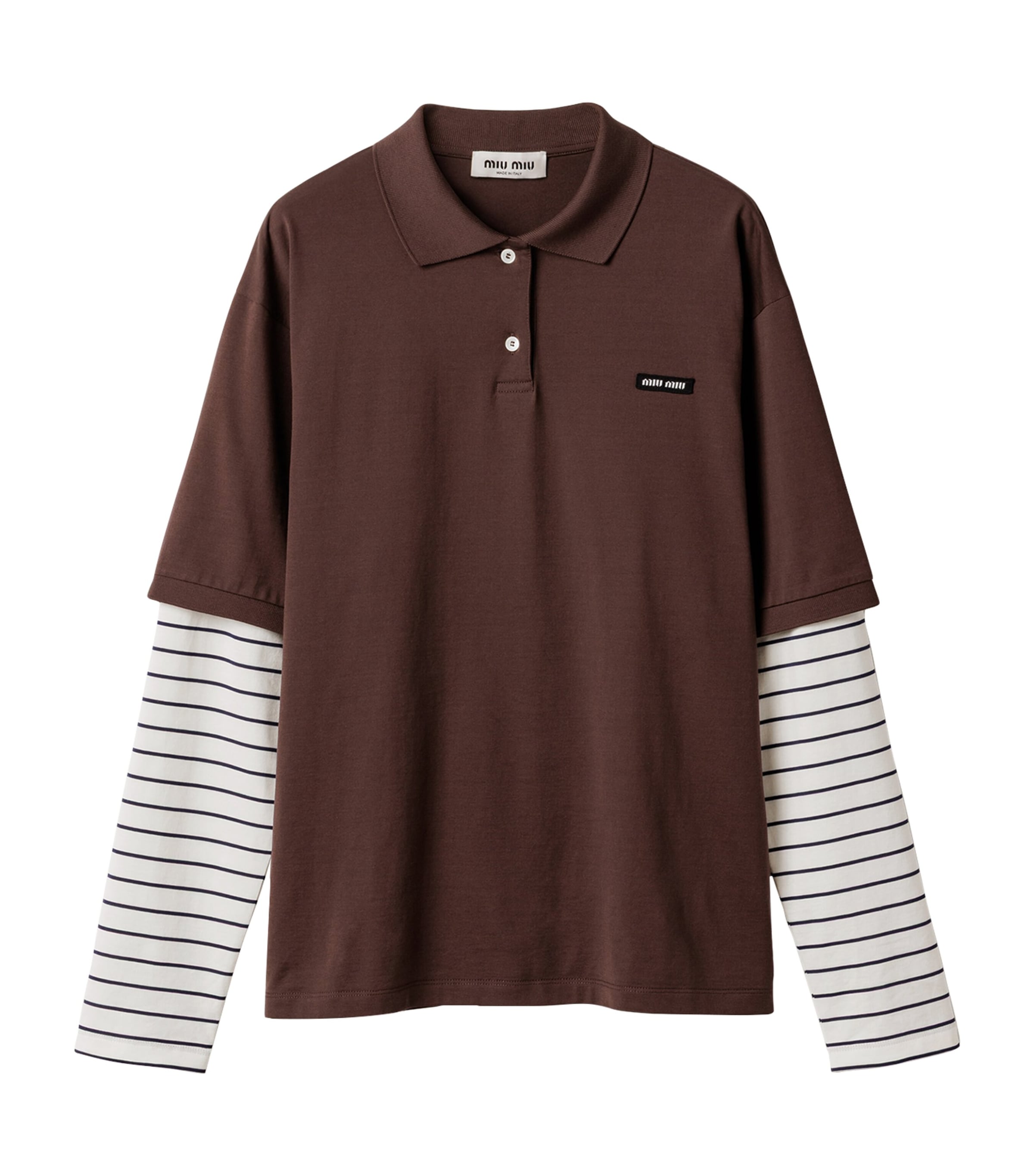 Miu Miu Brown Cotton Stripe-Sleeve Polo Shirt