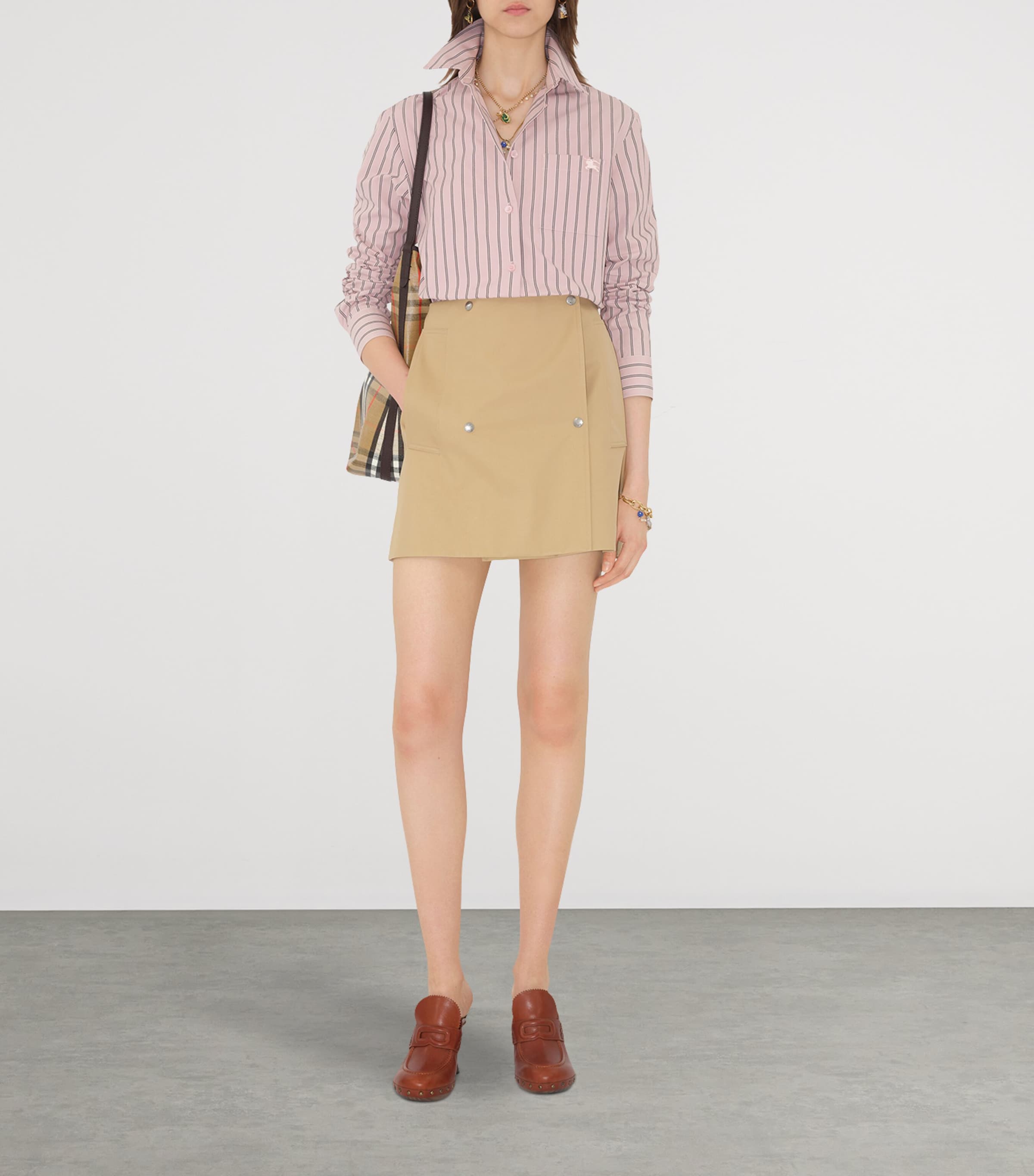 Beige Bonded Gabardine Trench Mini Skirt