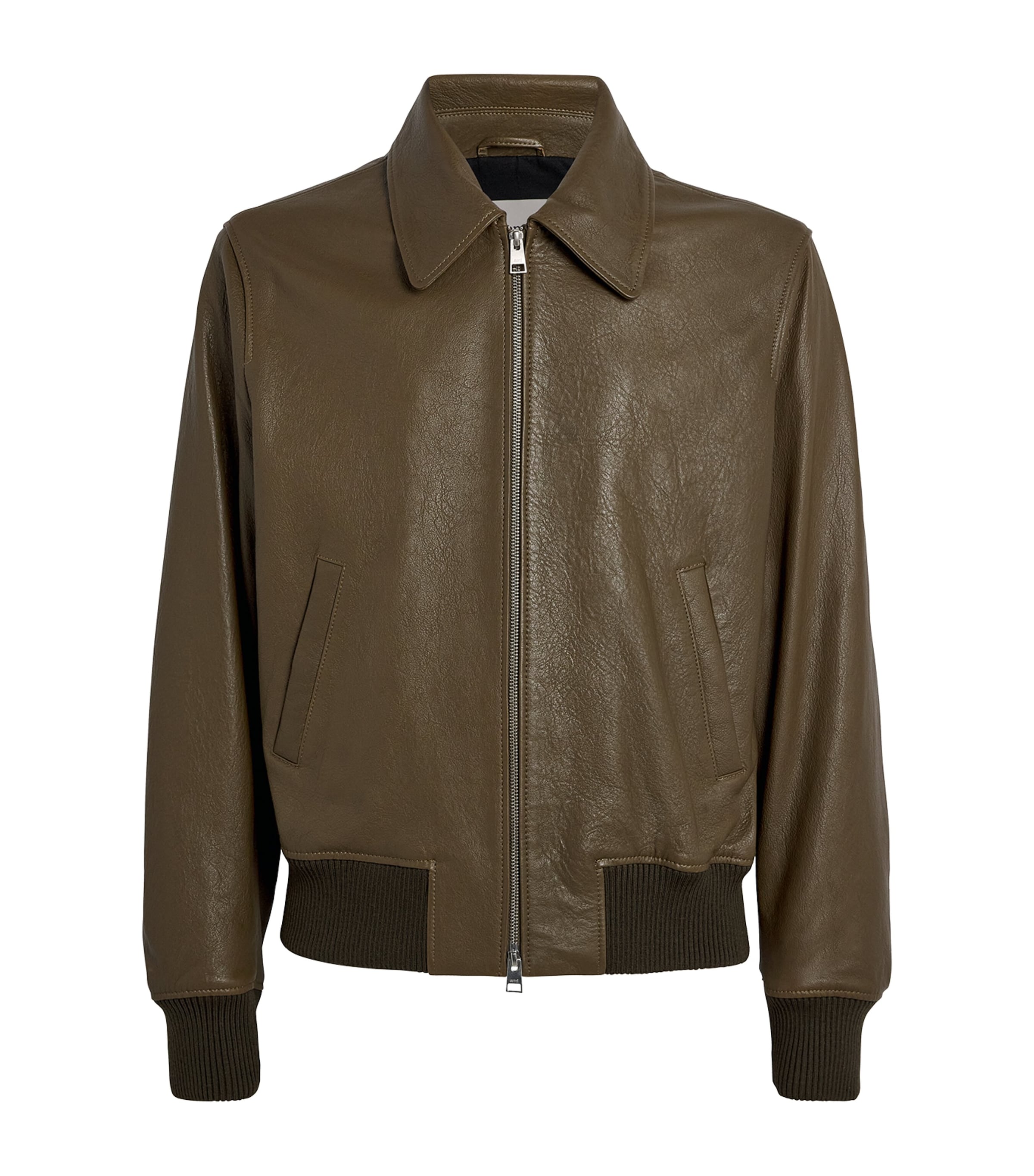 Brown Leather Collar Bomber Jacket