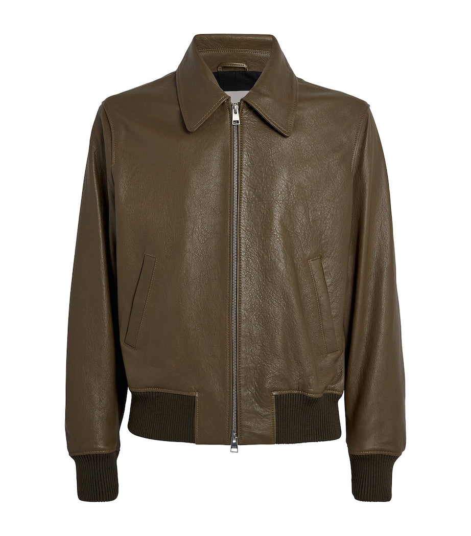 Brown Leather Collar Bomber Jacket