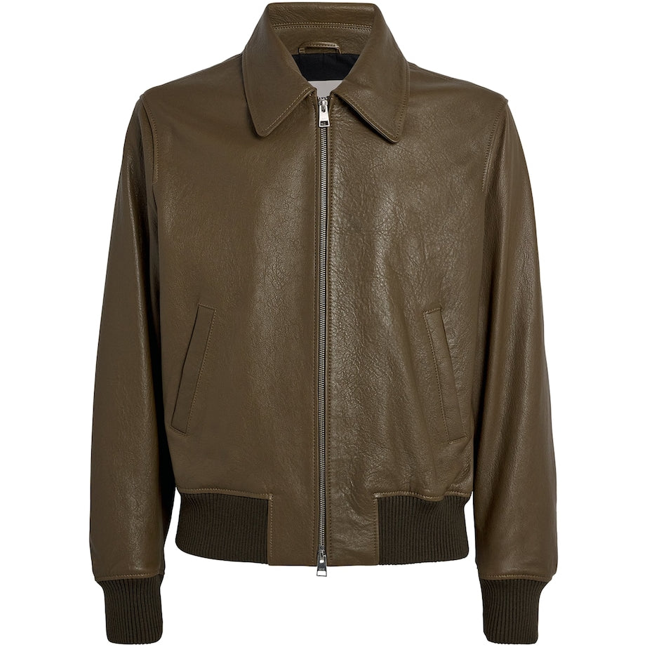 Brown Leather Collar Bomber Jacket