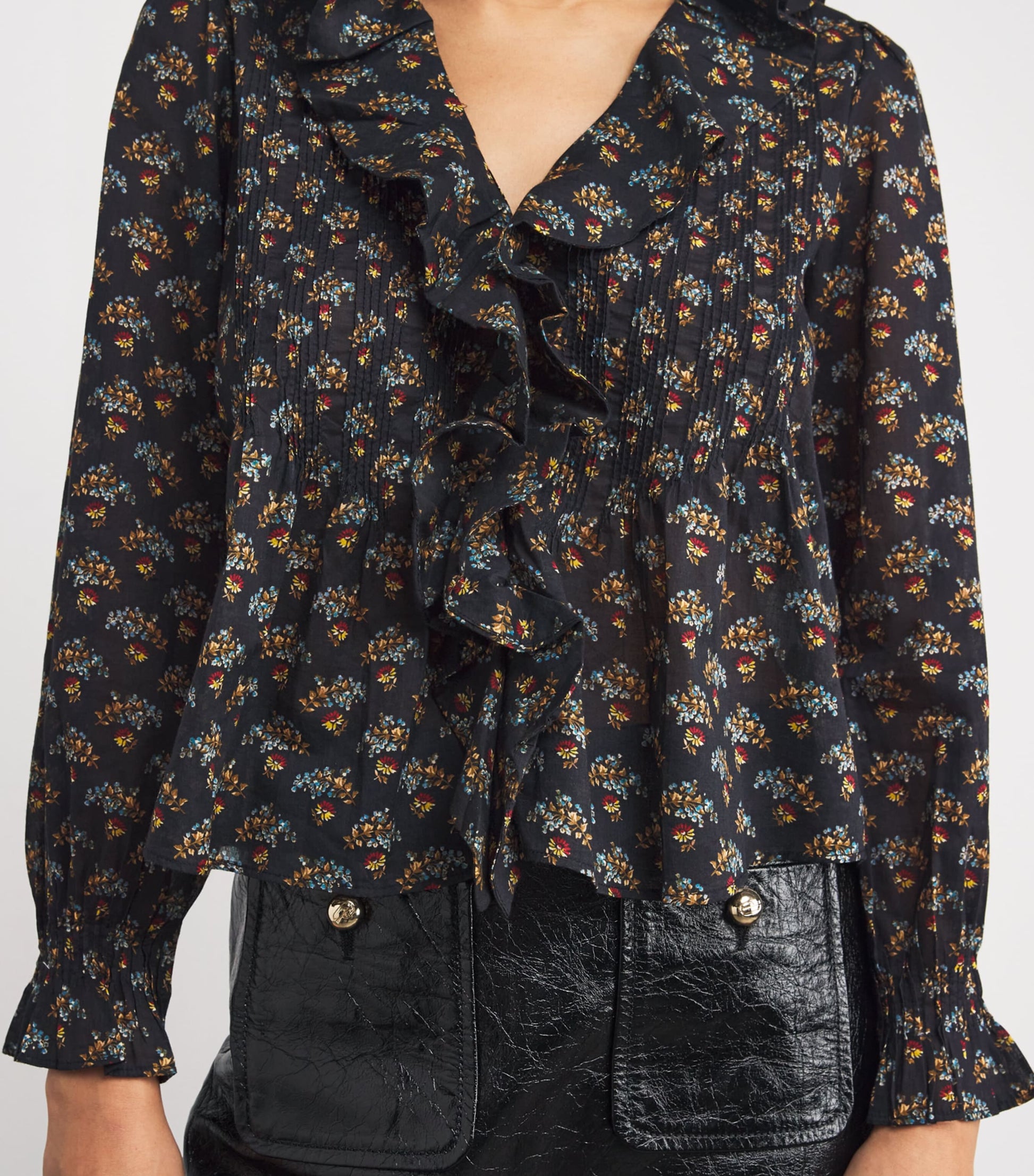 DÔEN Black Organic Cotton Voile Ruffled Hardy Blouse