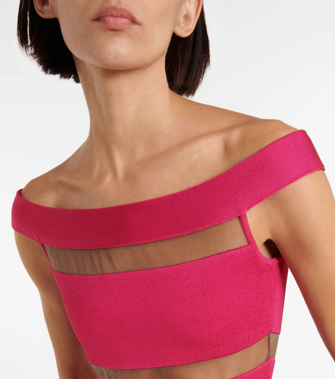 Balmain - Off-shoulder mesh-paneled minidress