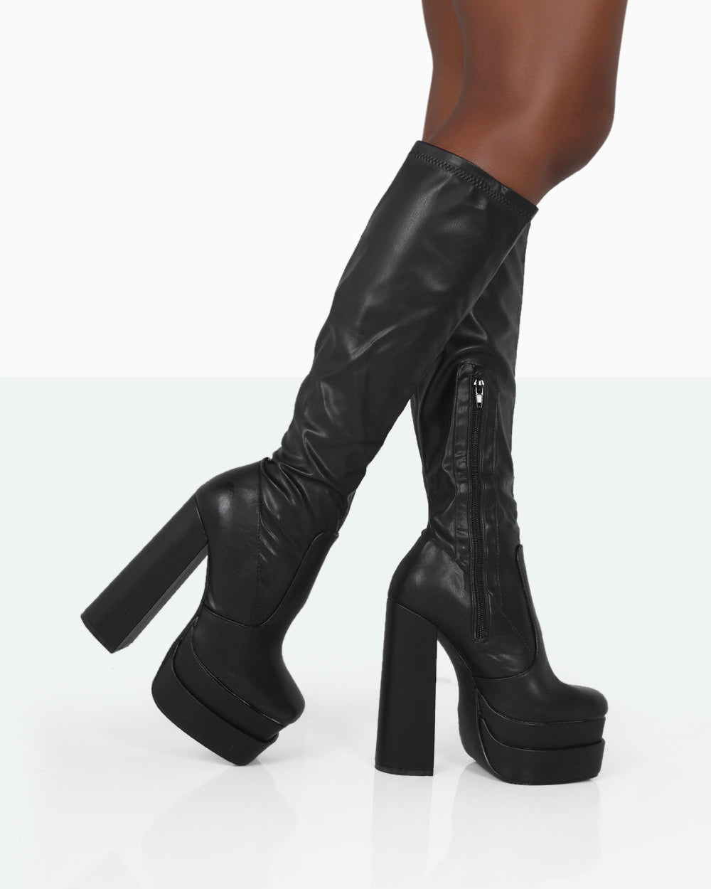 Passive Black PU Square Toe Platform Block High Heel Over The Knee Boots