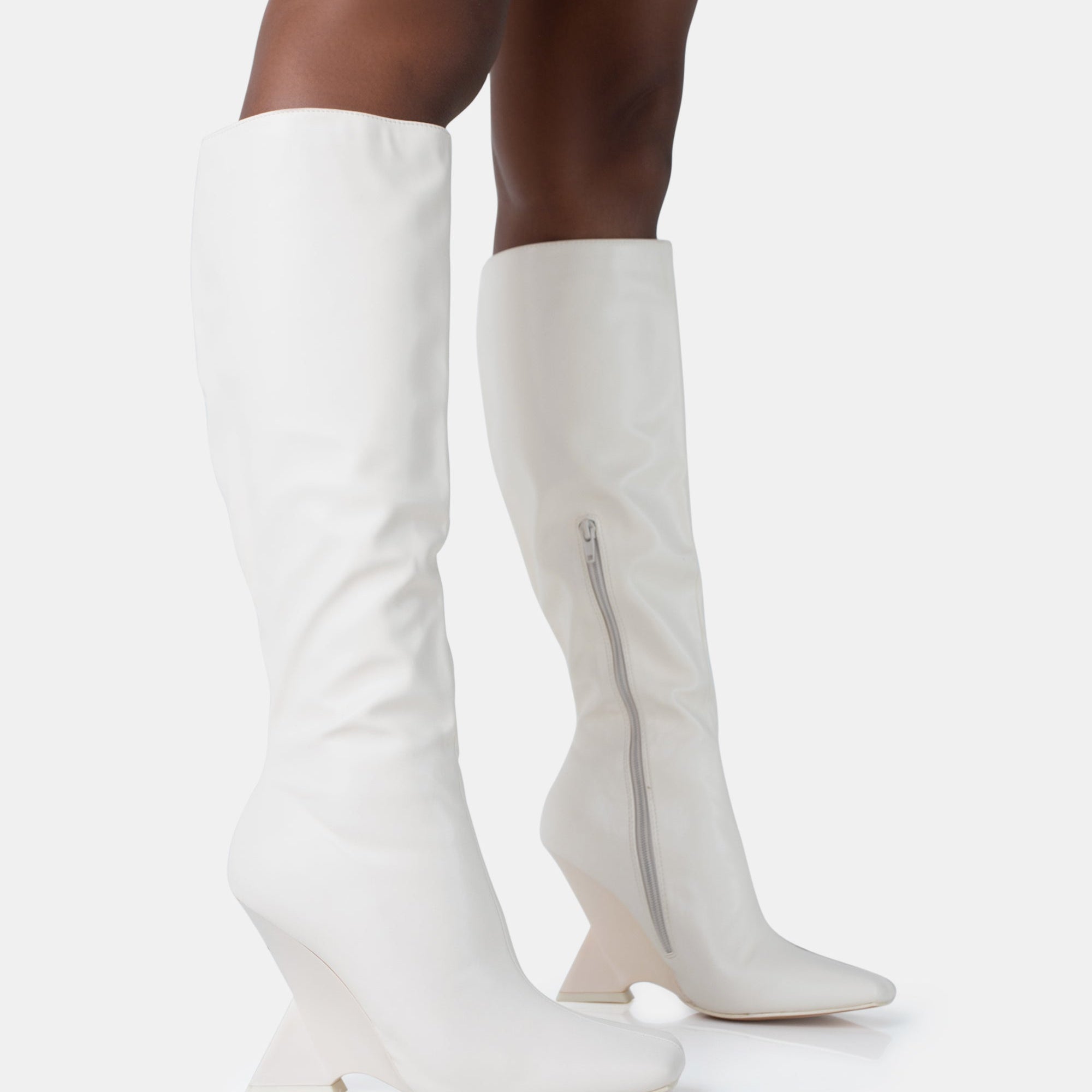 Vanessa Ecru PU Inverted Wedge Square Toe Heeled Knee High Boots