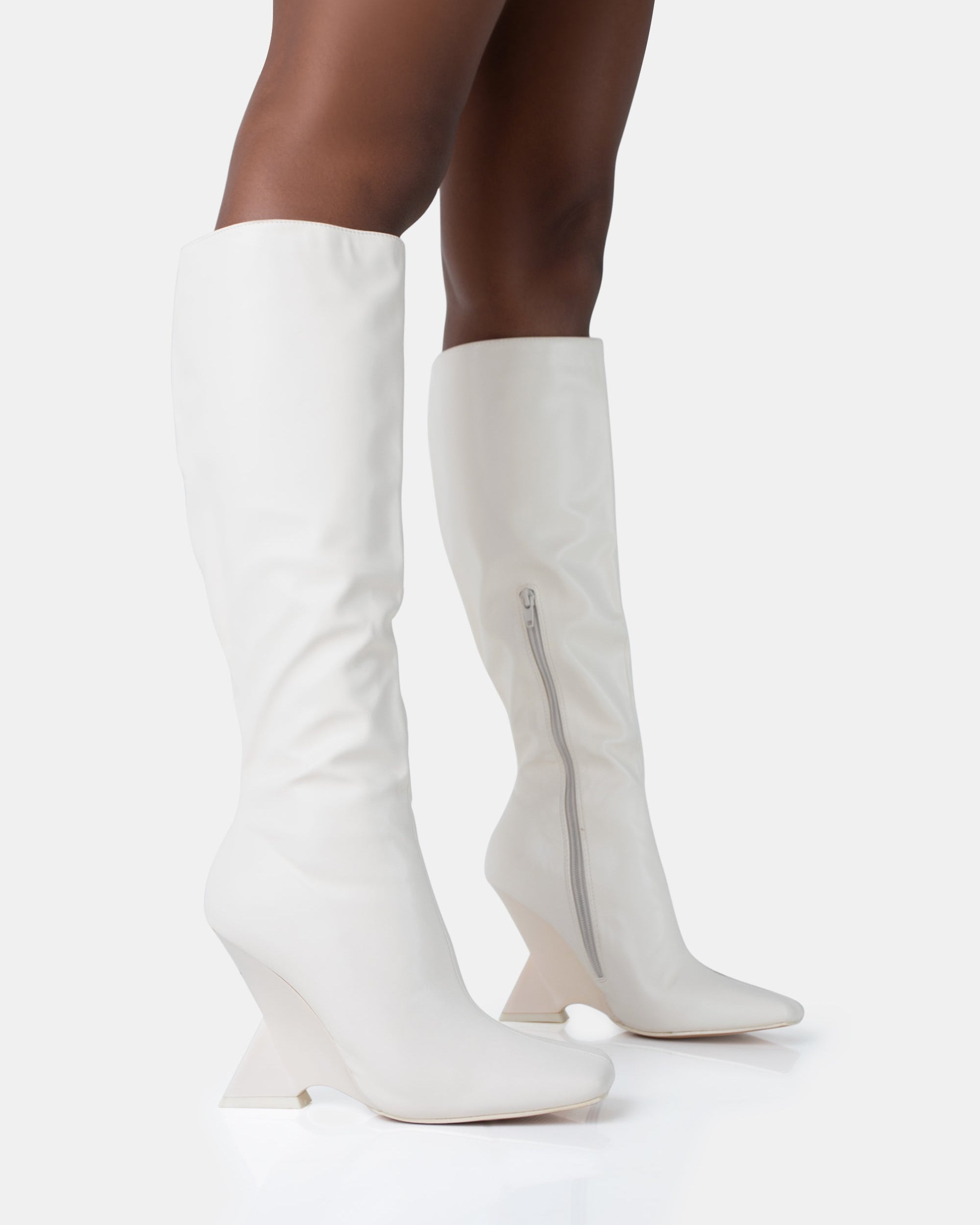 Vanessa Ecru PU Inverted Wedge Square Toe Heeled Knee High Boots