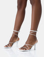 Euphoria White Pu Square Toe Lace Up Mid Heels