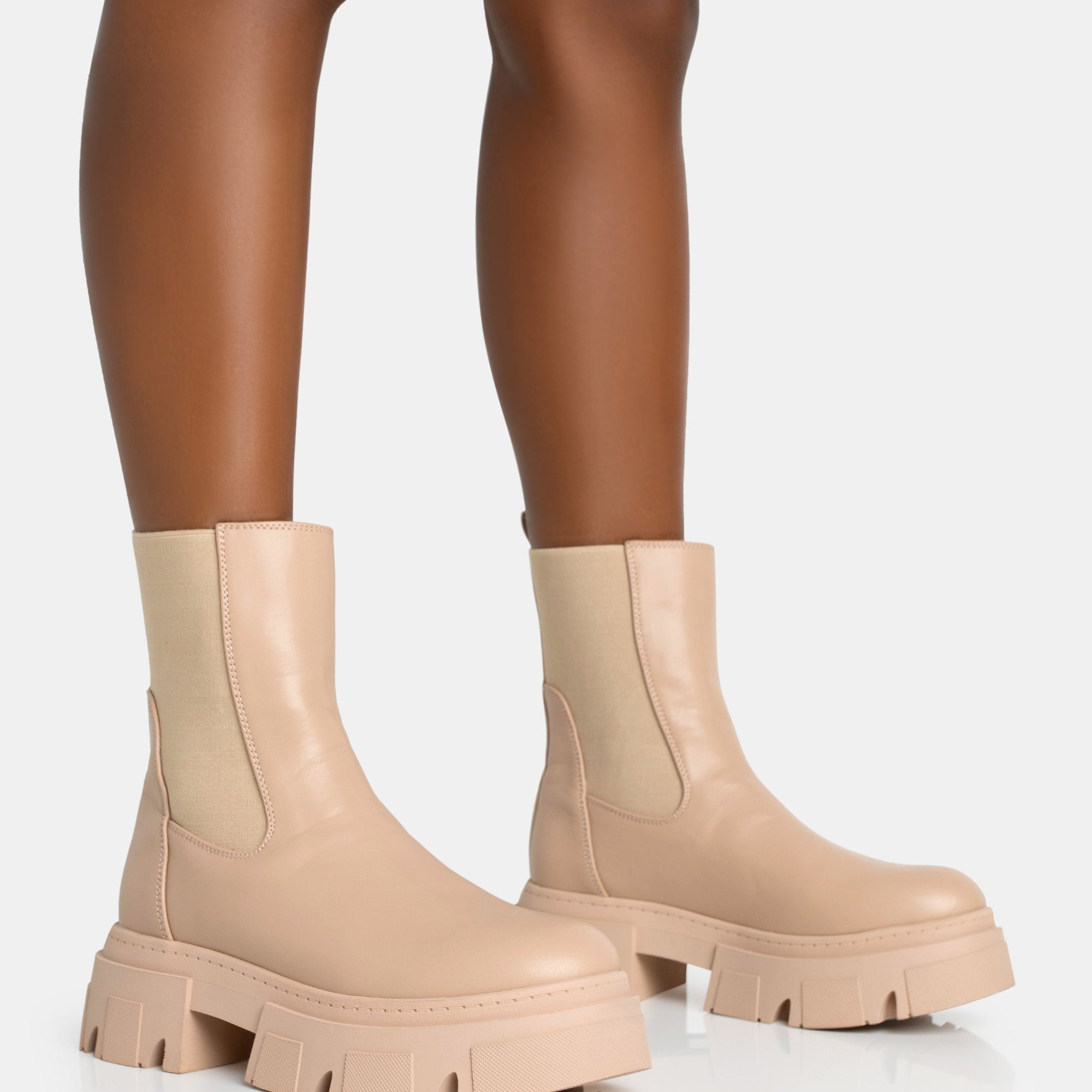 Edgy Taupe Pu Elasticated Ankle Rounded Chunky Sole Ankle Boots