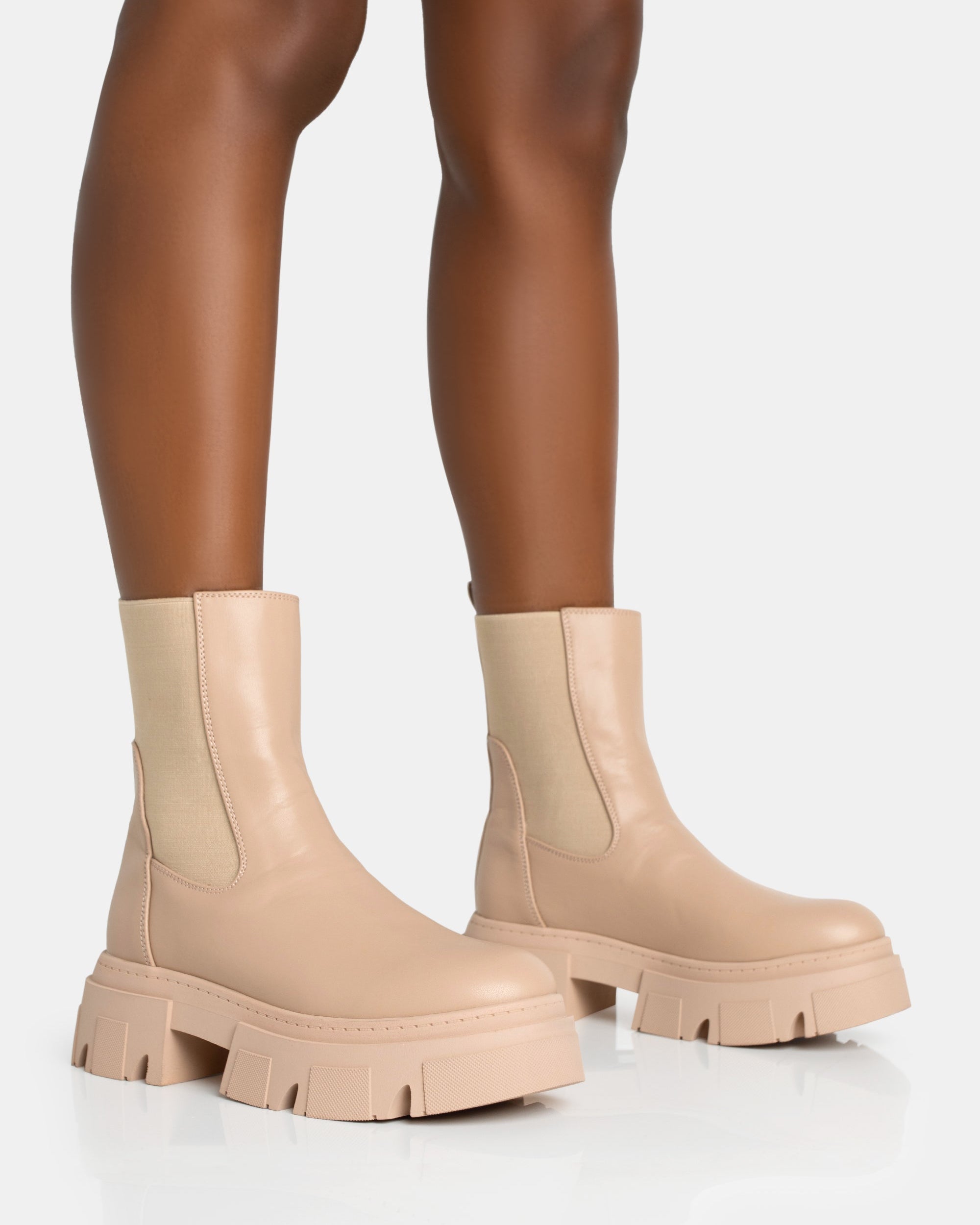 Edgy Taupe Pu Elasticated Ankle Rounded Chunky Sole Ankle Boots