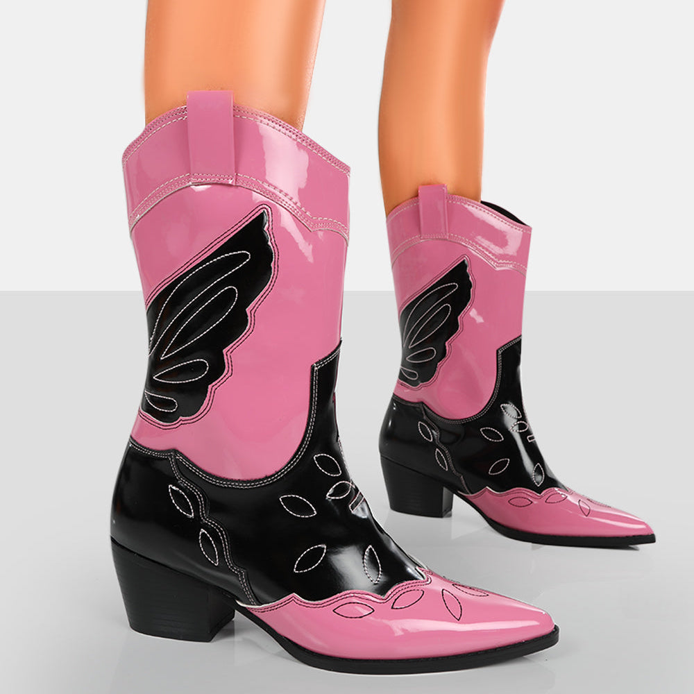 Howdy Pink Patent Pointed Toe Western Cowboy Block Ankle Boots