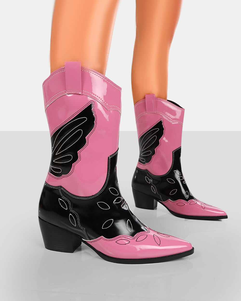 Howdy Pink Patent Pointed Toe Western Cowboy Block Ankle Boots