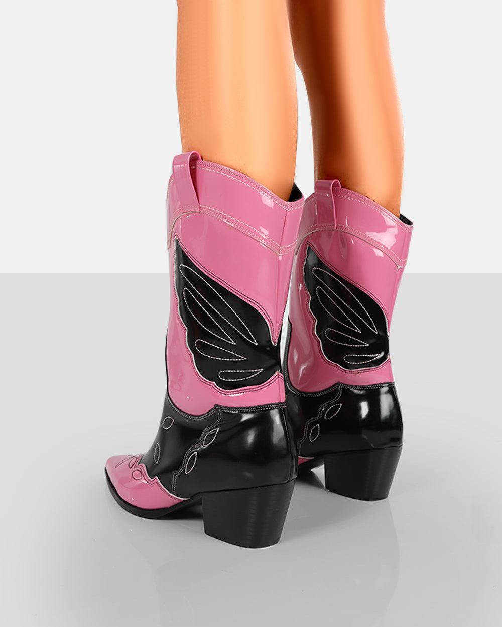 Howdy Pink Patent Pointed Toe Western Cowboy Block Ankle Boots