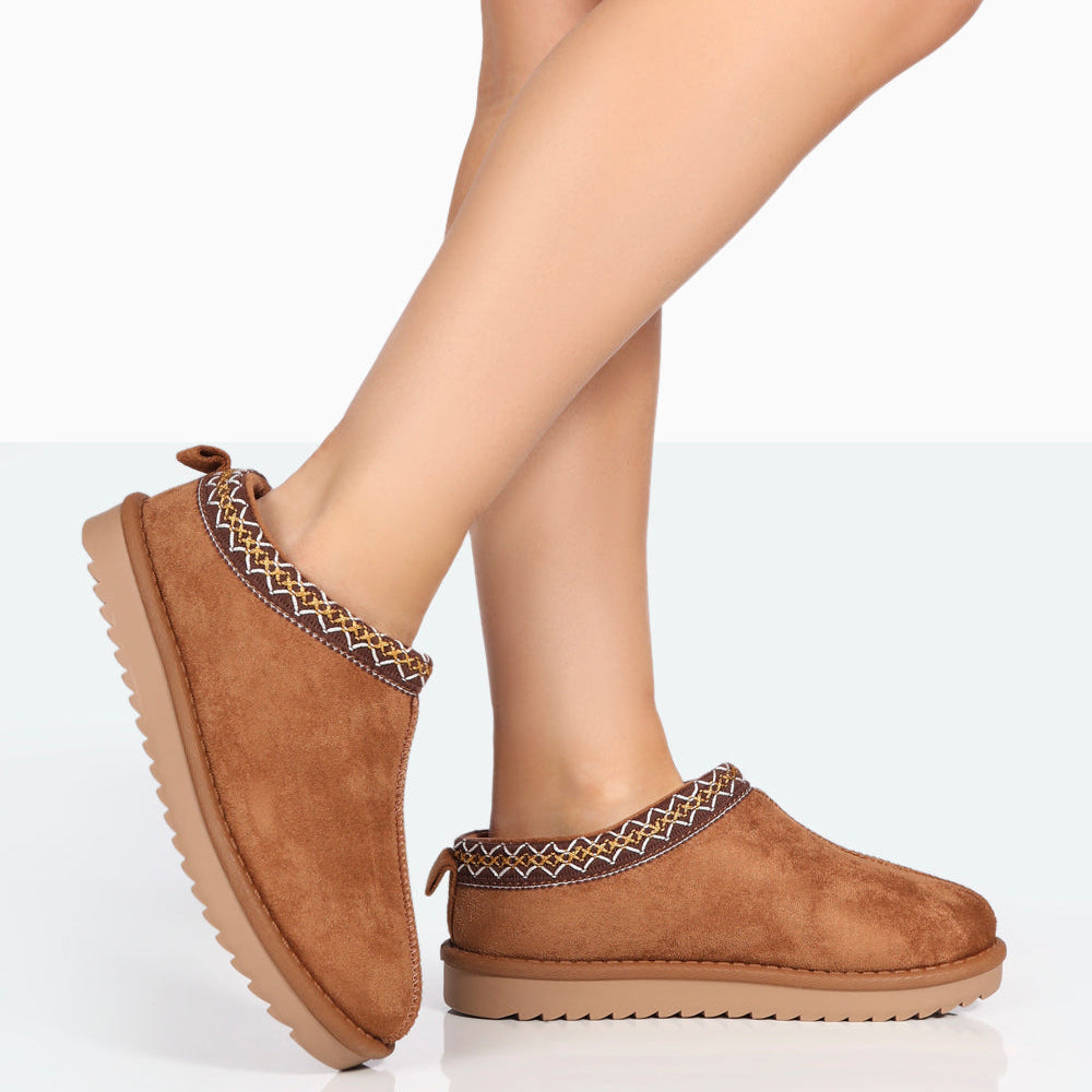 Tamsin Tan Faux Suede Embroidered Slipper Boots
