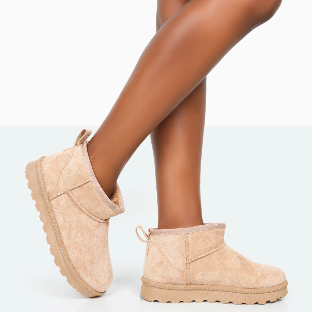 Flurry Beige Faux Suede Ultra Mini Ankle Boots