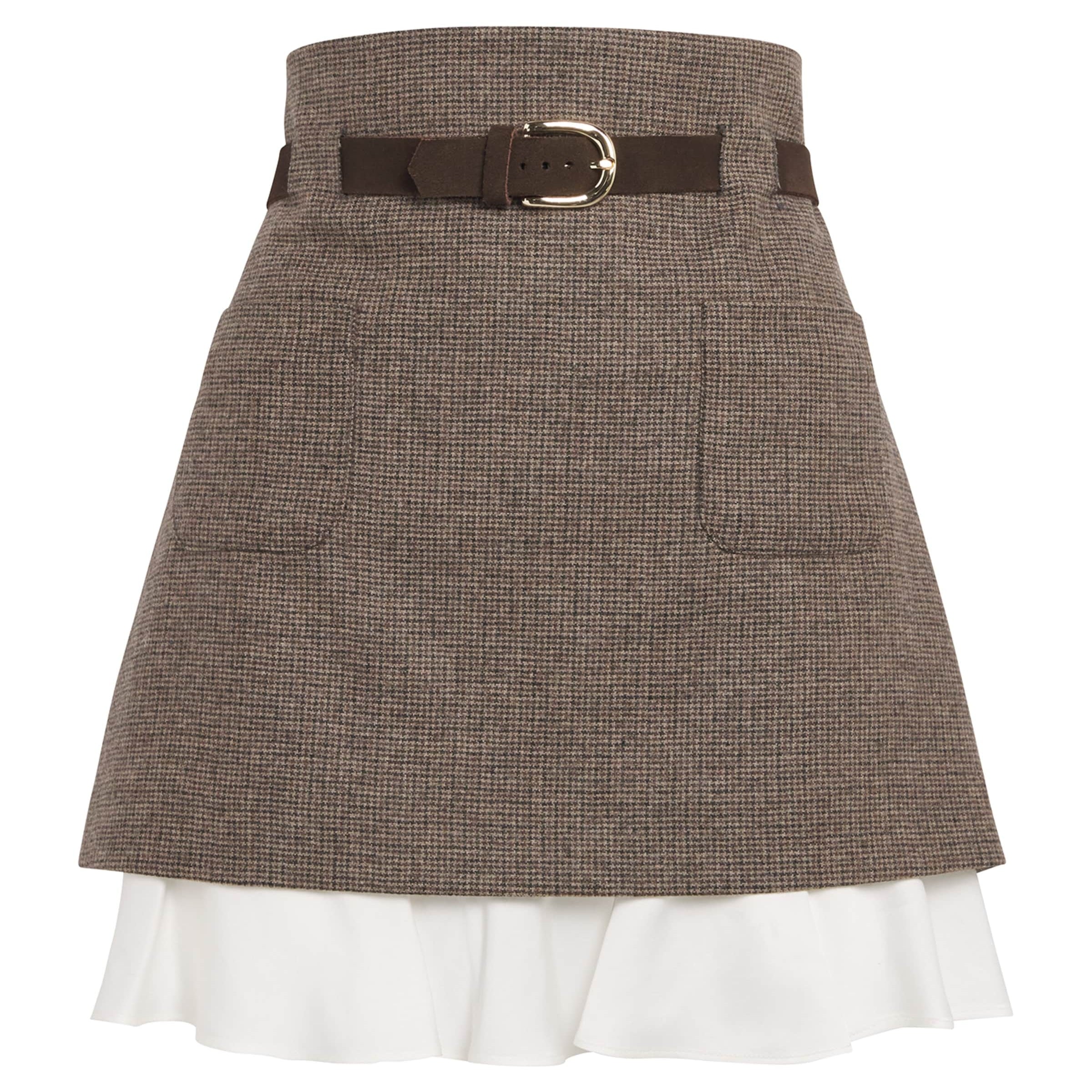 Brown Wool-Blend Belted Mini Skirt