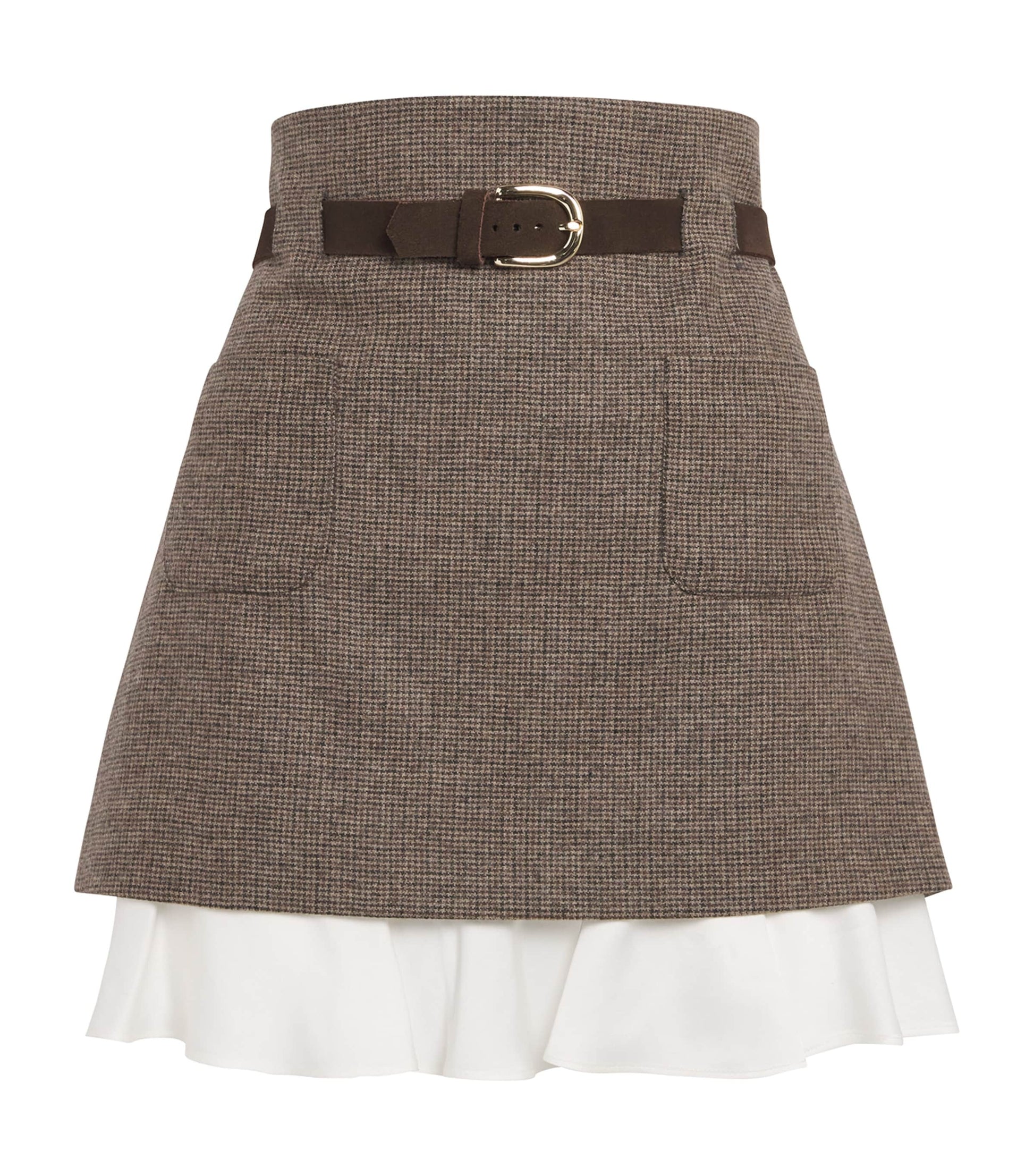 Brown Wool-Blend Belted Mini Skirt
