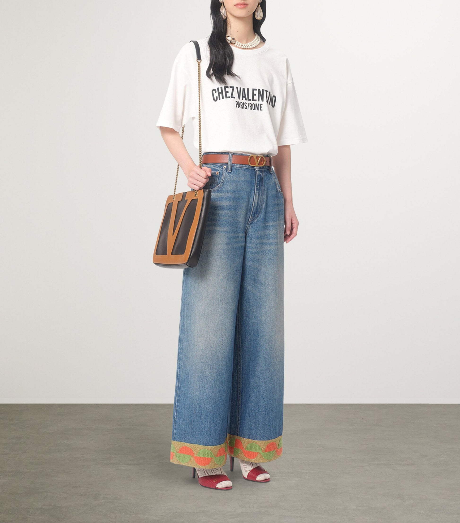 Valentino Blue Decorated-Trim Wide-Leg Jeans