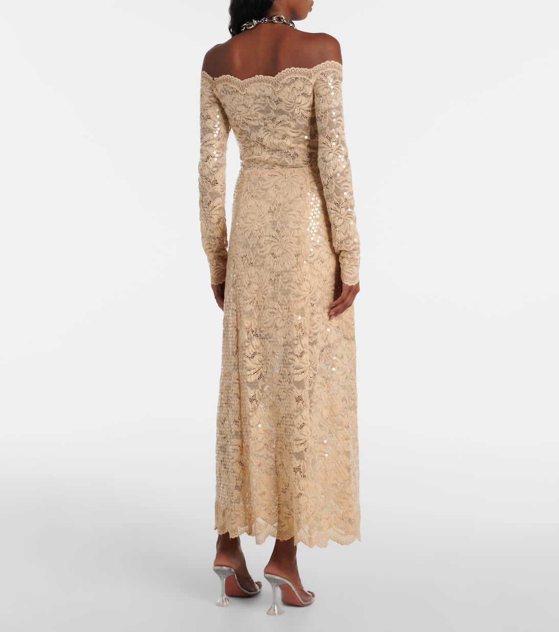 Rabanne - Sequined off-shoulder lace maxi dress