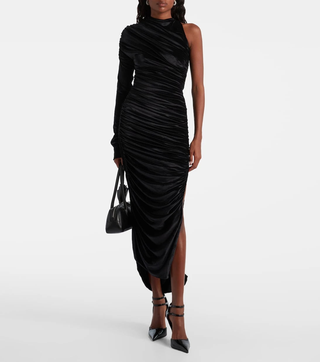 Mugler - فستان ماكسي مخملي بكسرات غير متماثلة
