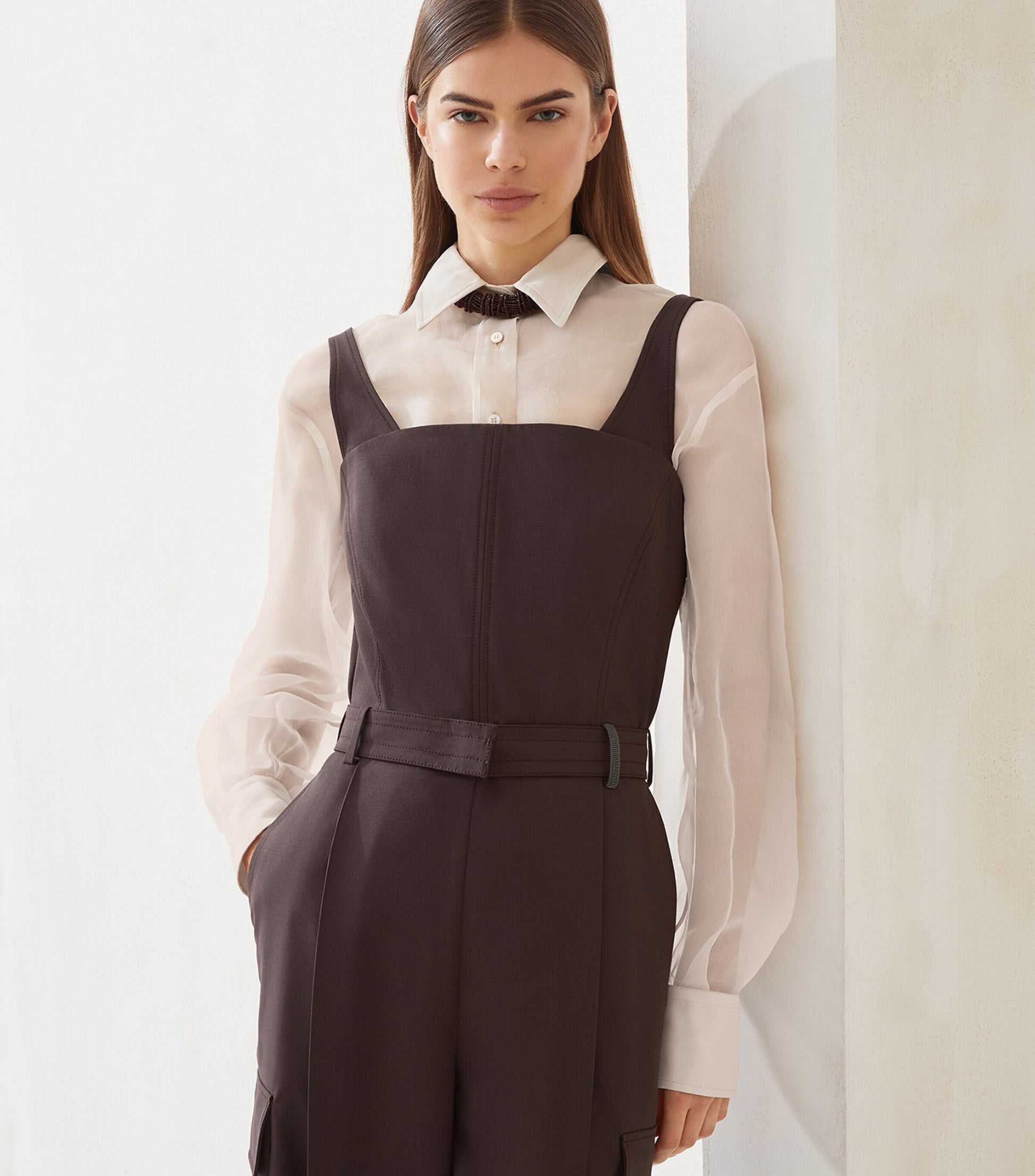 Brunello Cucinelli Brown Virgin Wool-Blend Belted Jumpsuit