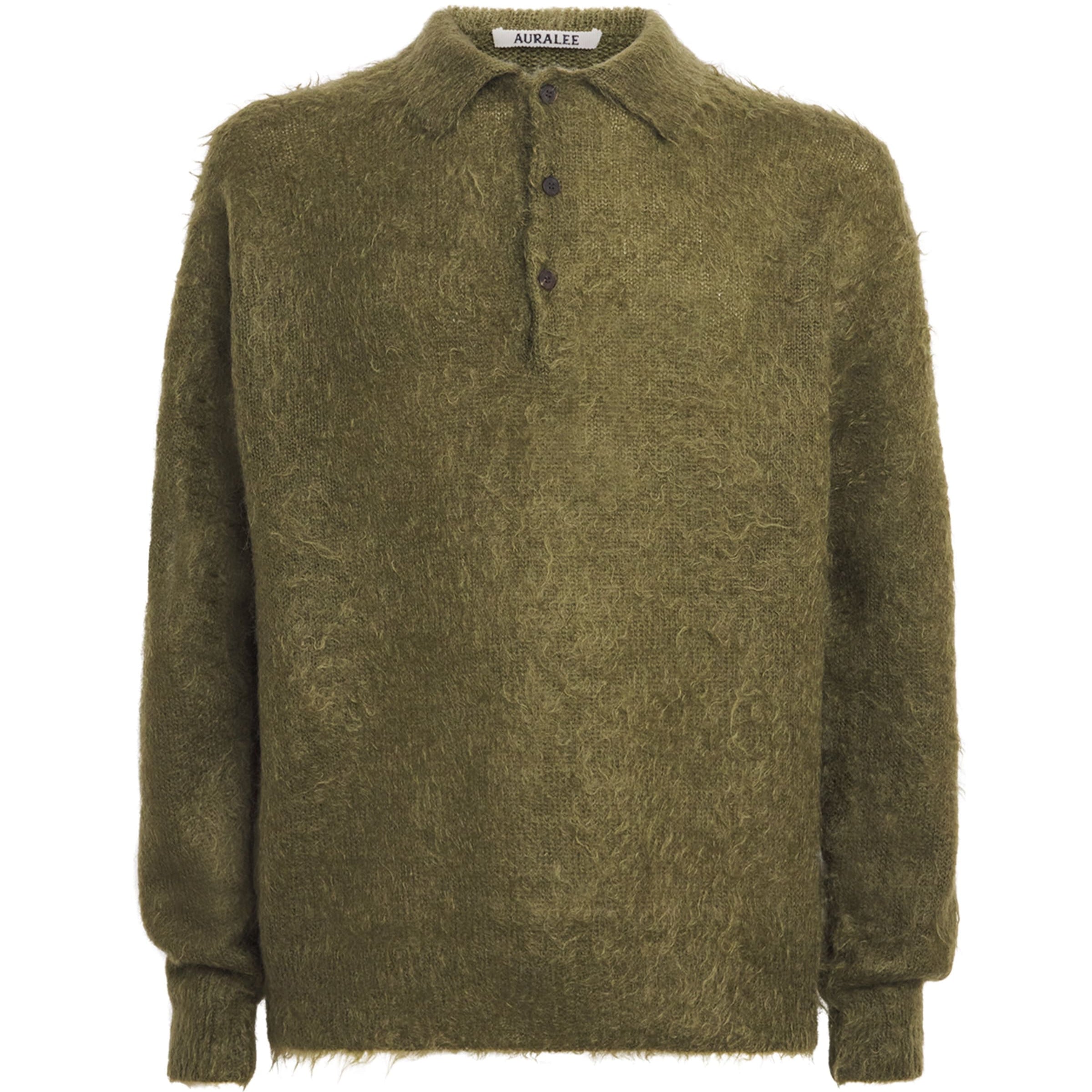 Auralee Green Super Kid Mohair-Wool Brushed Polo Sweater