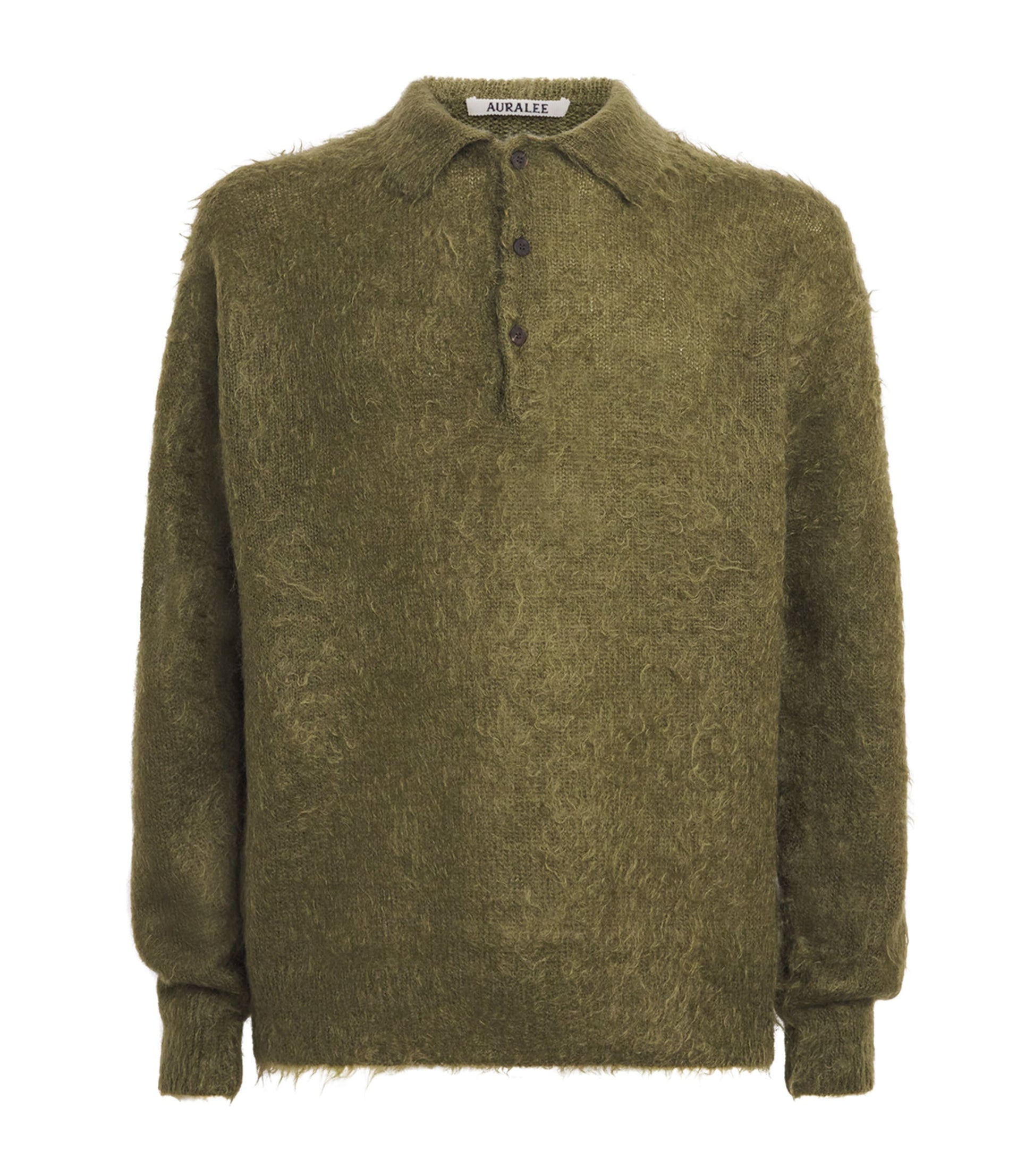 Auralee Green Super Kid Mohair-Wool Brushed Polo Sweater