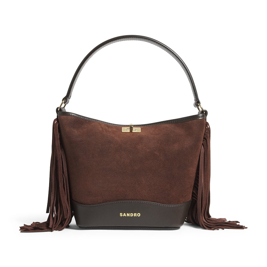 Sandro Paris Brown Mini Leather Fringe Tangoso Bucket Bag