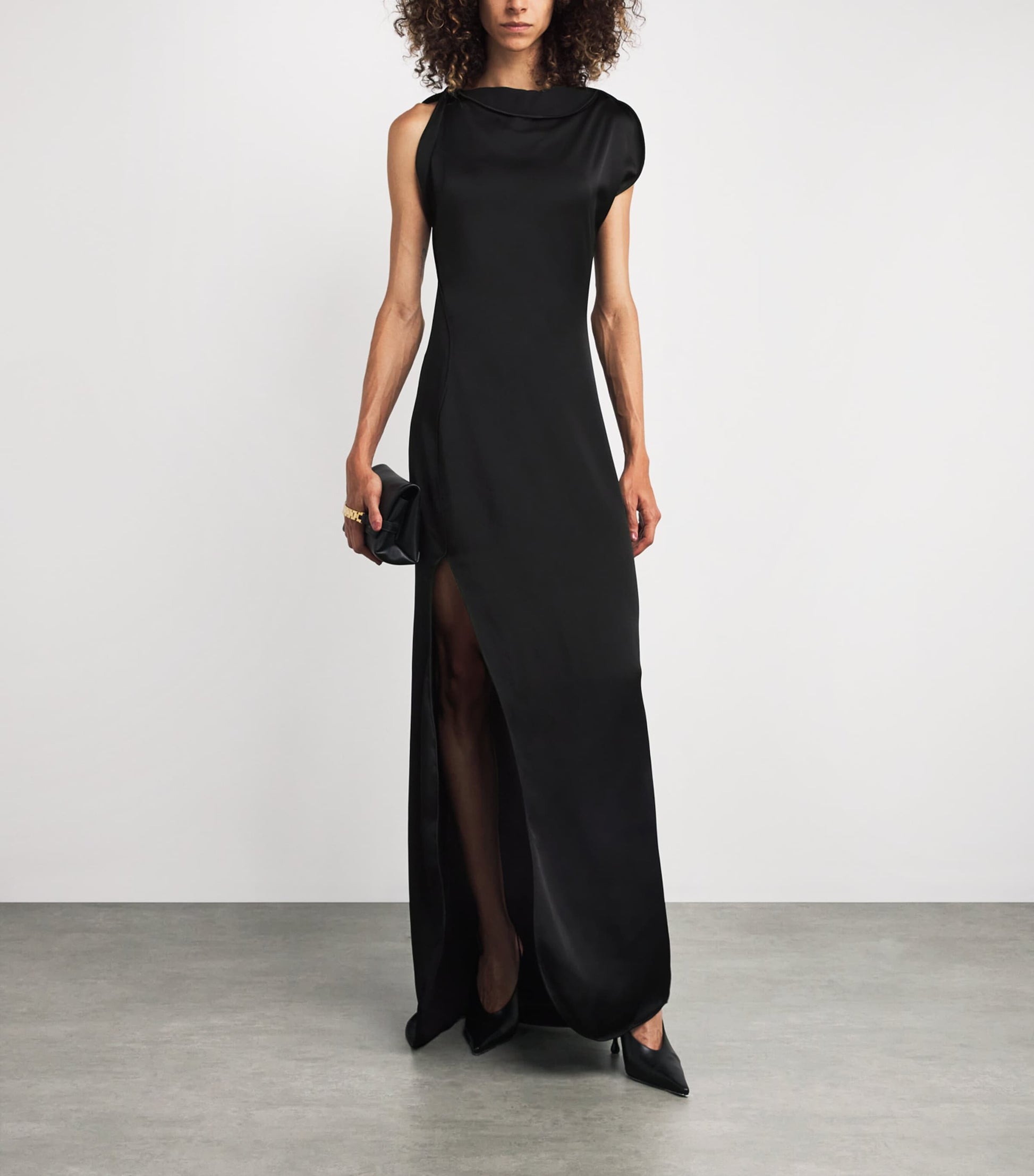 Victoria Beckham Black Satin Side-Split Gown