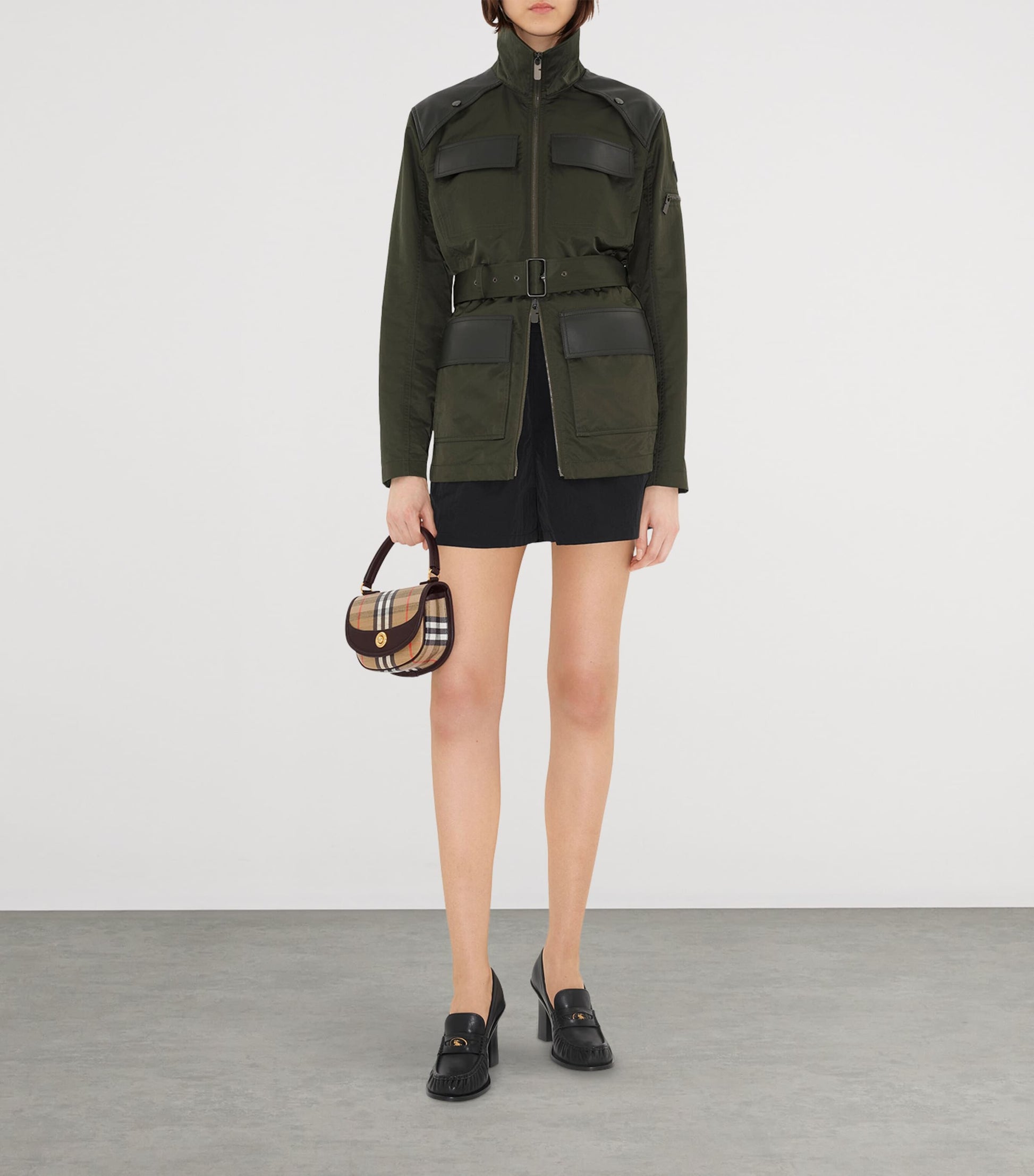 Beige Mini Check Top-Handle Bag