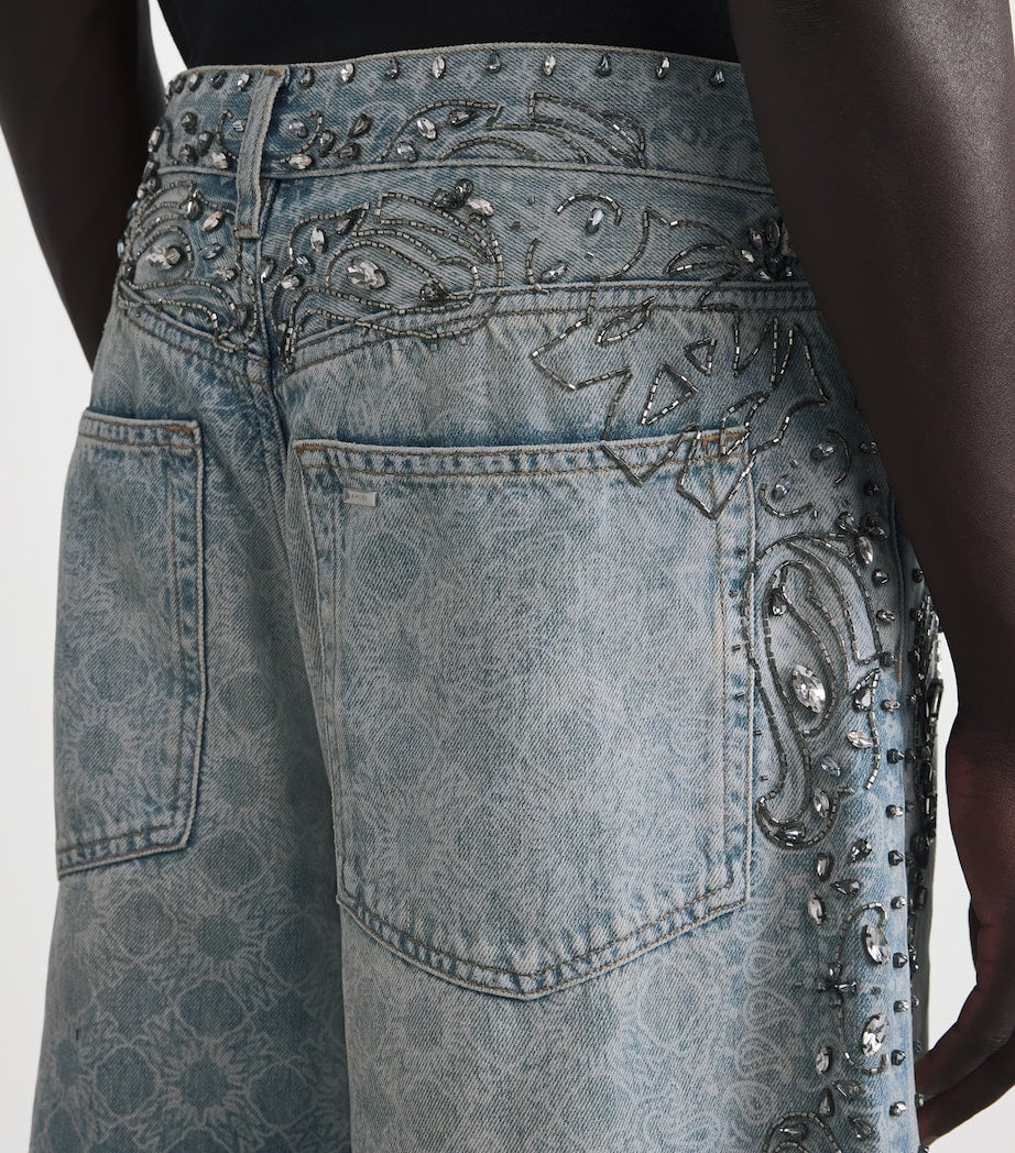 Crystal-Trim Bandana Denim Shorts