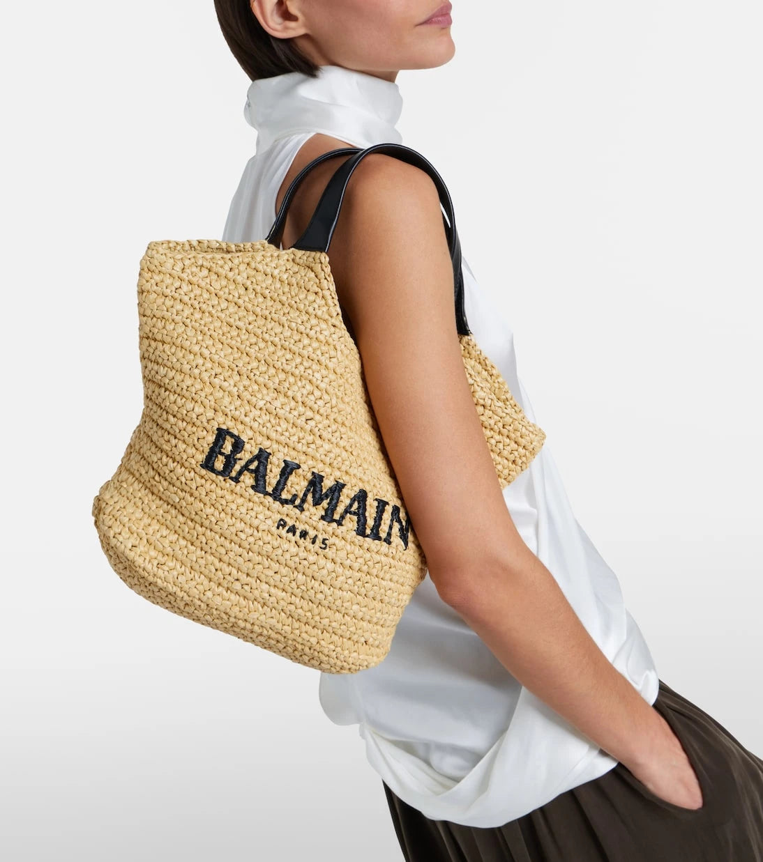 Balmain - Logo raffia-effect top-handle bag