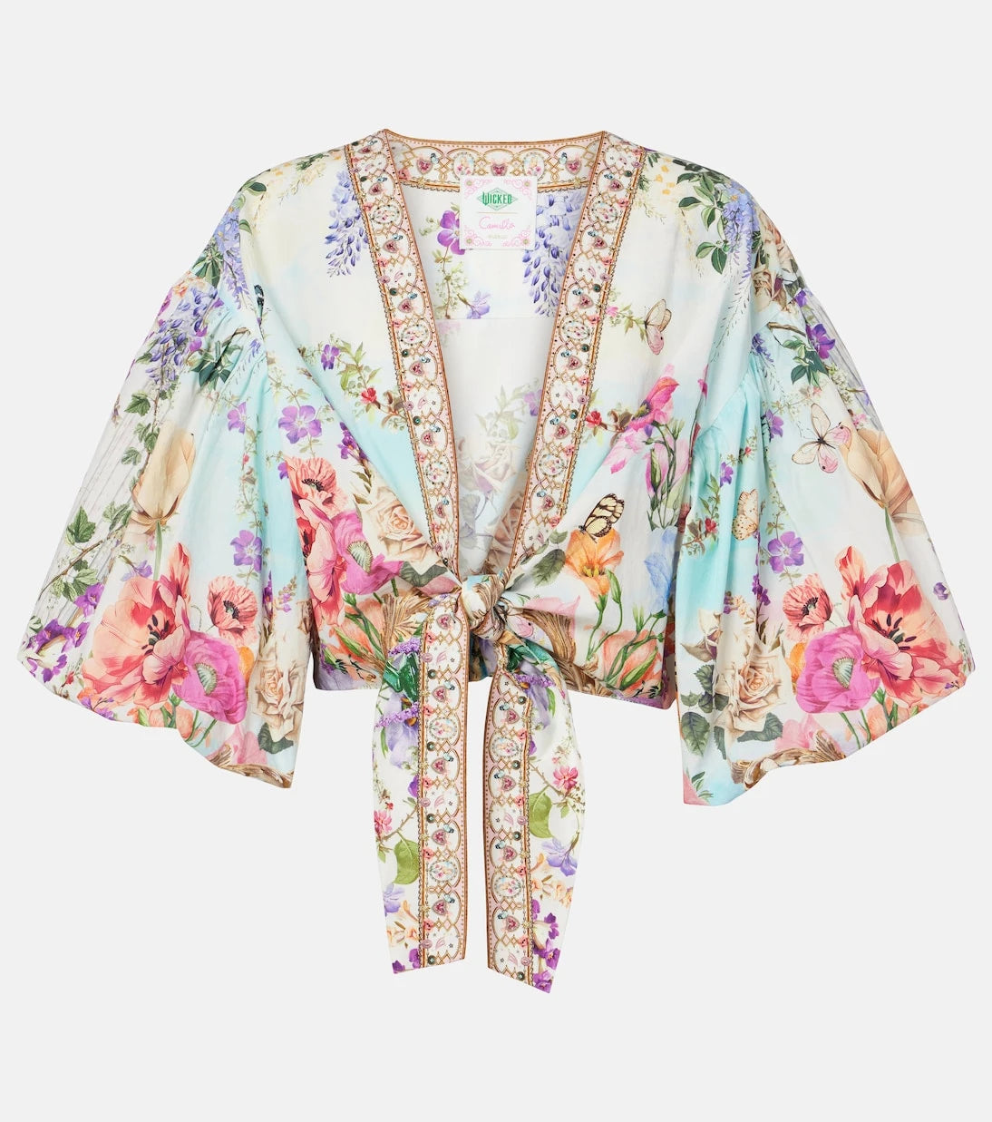 Camilla - Tie-front puff-sleeve crop top