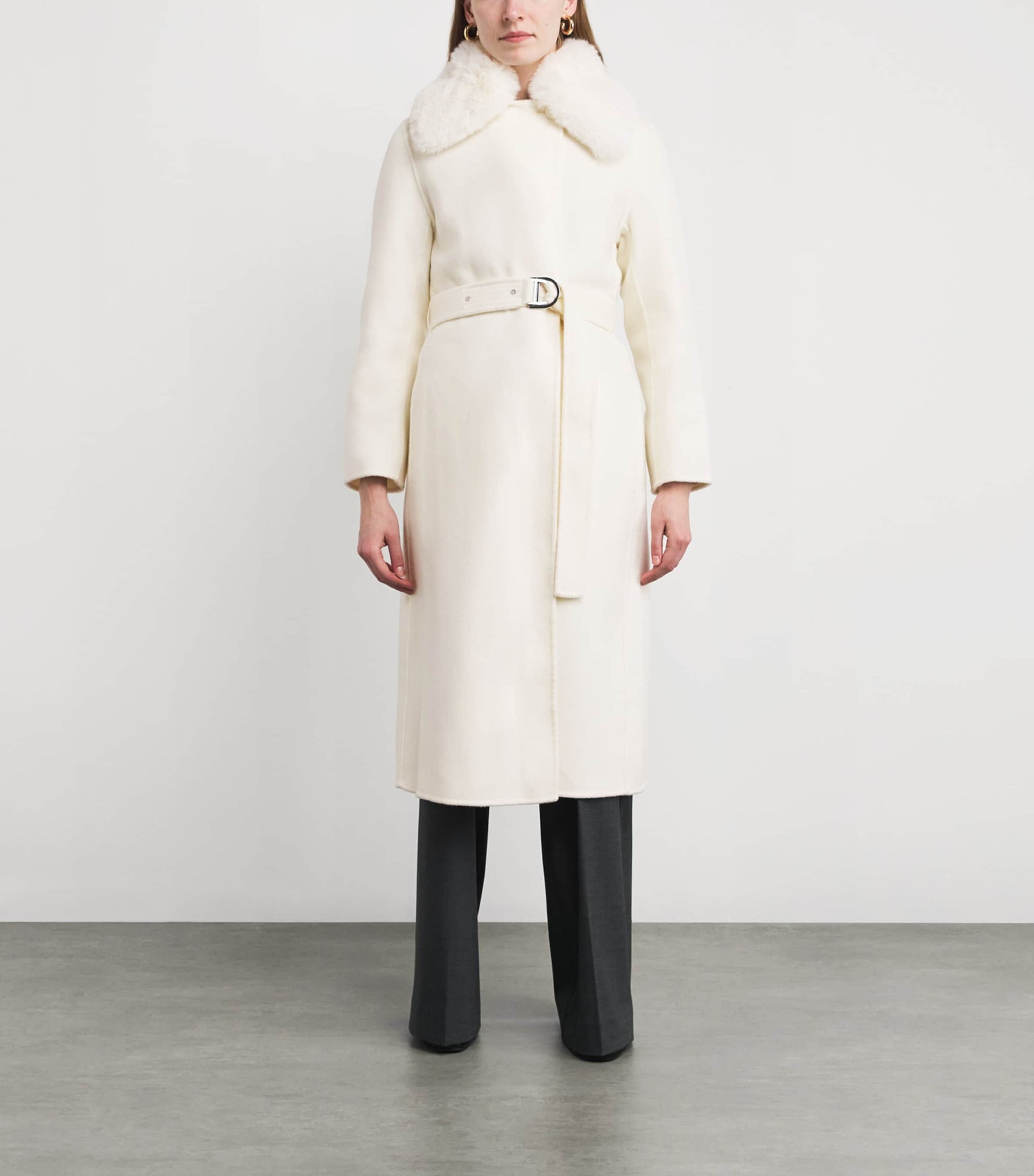 White Wool-Blend Faux Fur Coat