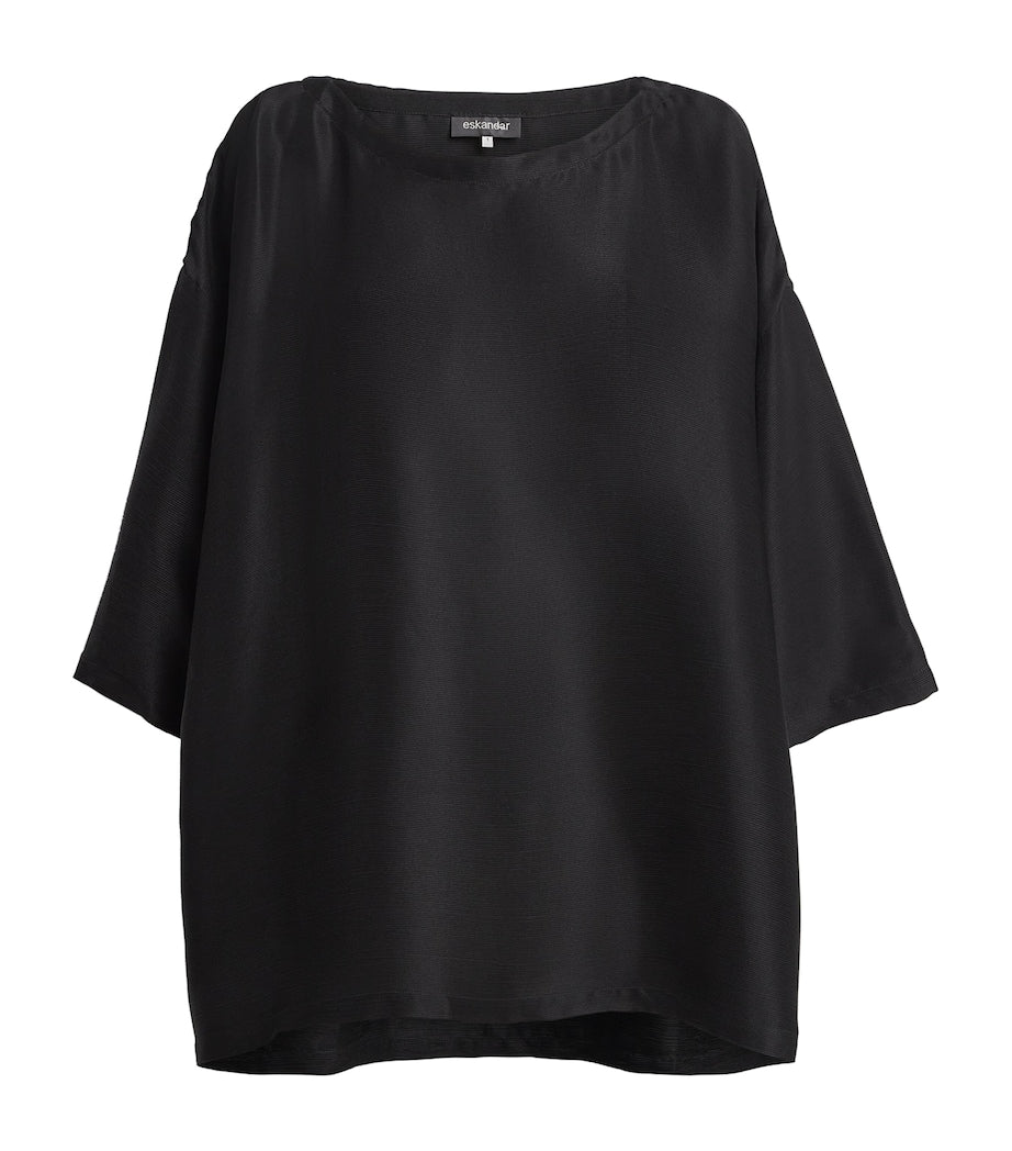 Eskandar Black Silk Plissé Scoop-Neck Top