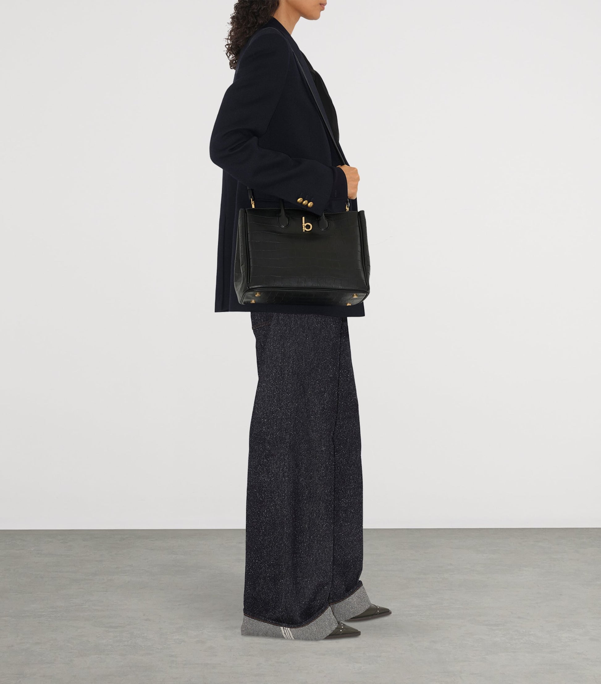 Burberry Small Croc-Embossed Lambskin Rocking Horse Tote Bag BLACK