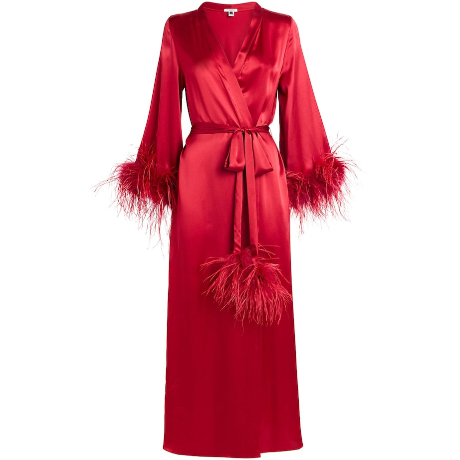 Gilda & Pearl Red Silk-Ostrich Feather Long Robe